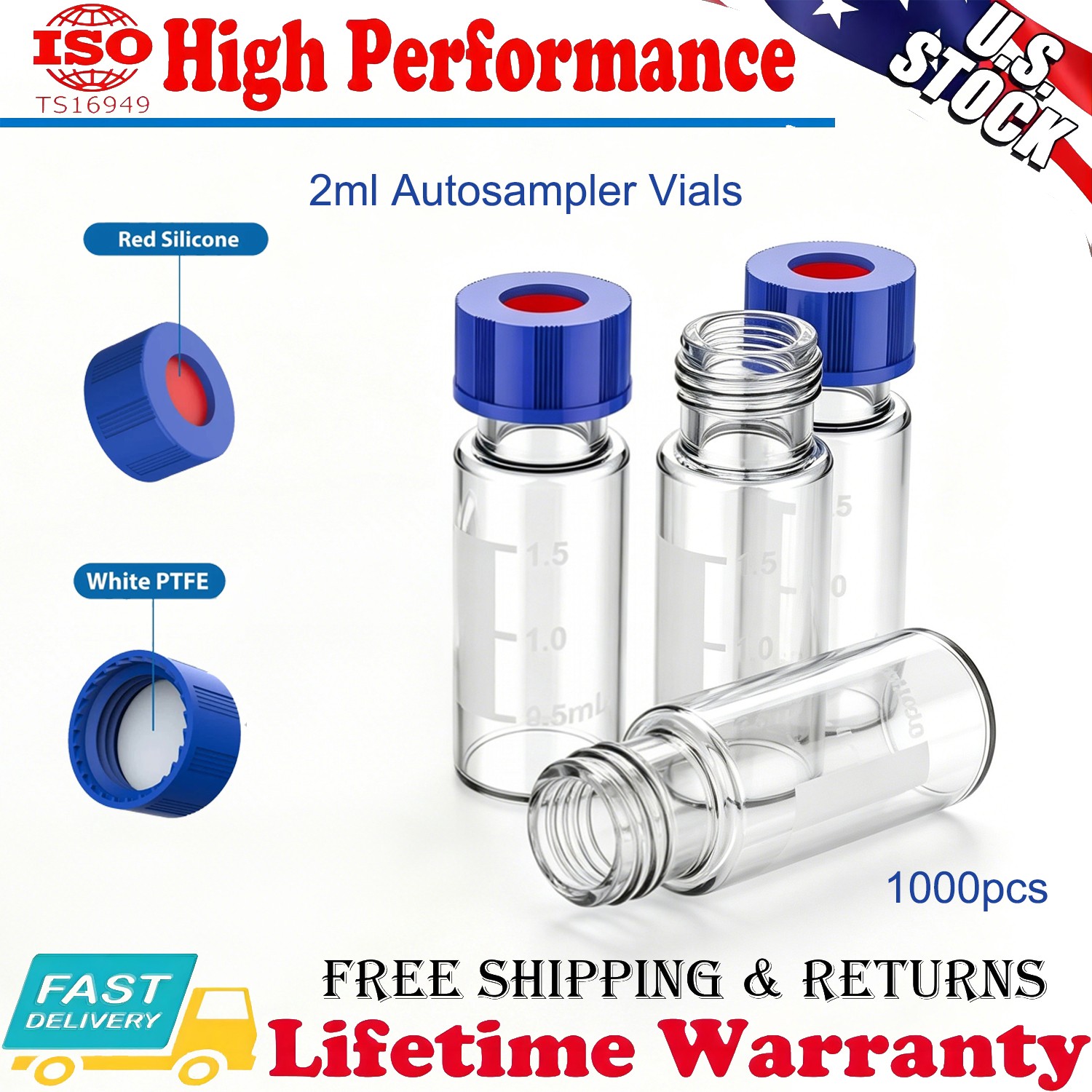 1000PCS 2mL Glass Vials Clear Autosampler vials w Screw Caps 9-425 HPLC GC PTFE