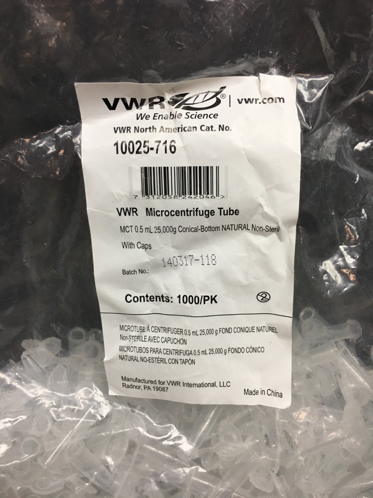VWR Cat No 10025-716 Standard Line Microcentrifuge Tubes PP 0.5mL