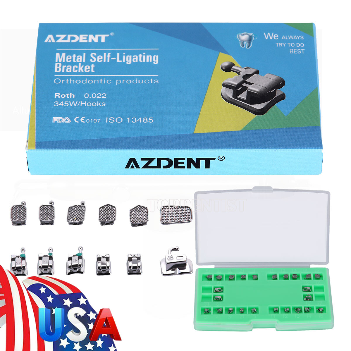 AZDENT Dental Orthodontic Self-Ligating Bracket Roth 022 Hooks 345 & Buccal Tube