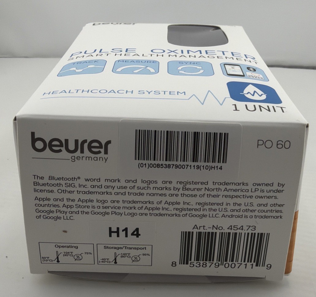 Beurer PO60 Bluetooth Pulse Oximeter Fingertip Oxygen Monitor NIB.