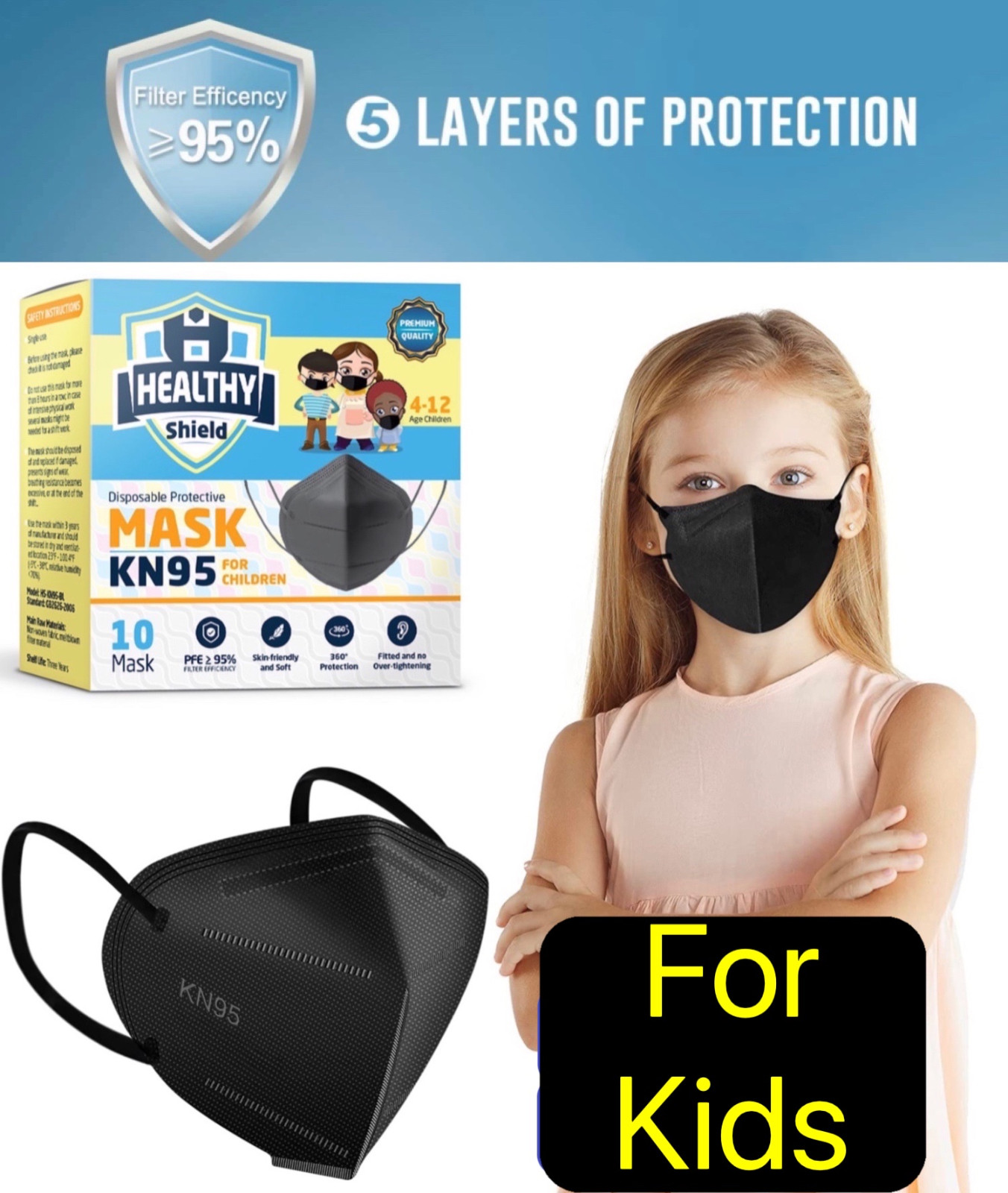 10/50Pcs Black KN95 Protective 5 Layer Face Mask BFE 95% Disposable Kids Masks