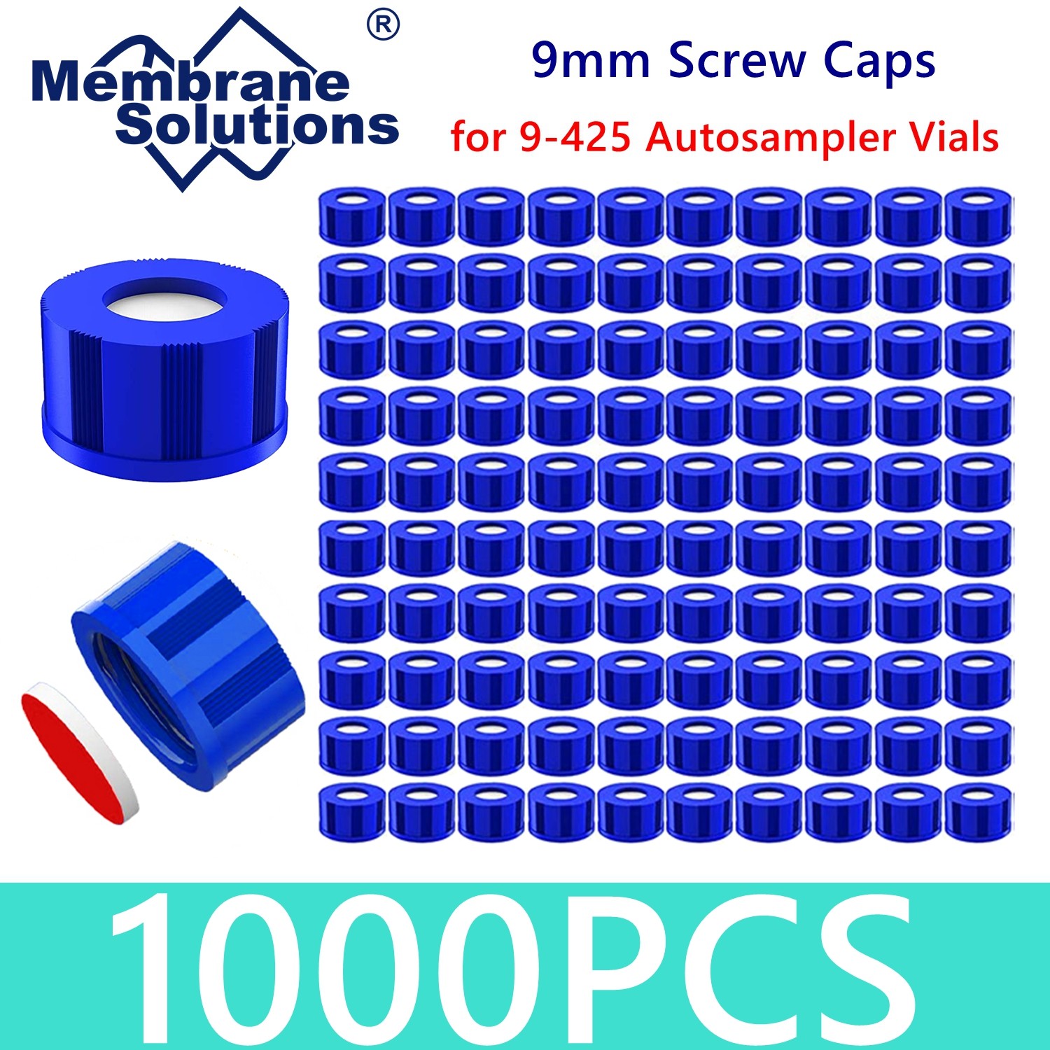 1000x Blue 9mm Screw Top Caps Red PTFE Silicone Septa for 2ml 9-425 Sample Vials