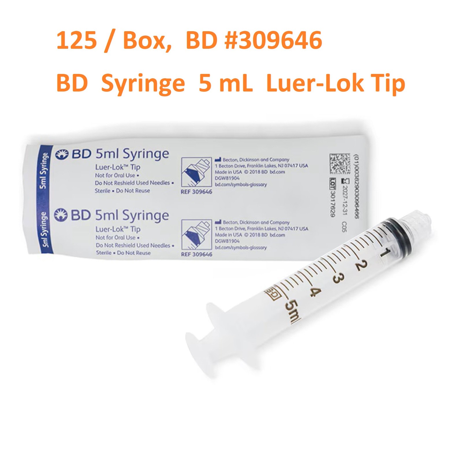 OEM BD 309646 5 mL General Purpose Syringe Luer Lok Tip Syringe BD Luer-LoK 5mL