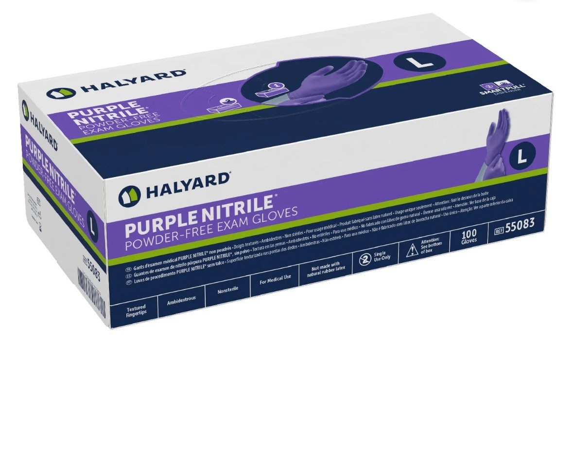 Halyard Prpl 55083 Nitrile Exam Glove Size: L (Box of 100) avg 4.7 mil see desc.