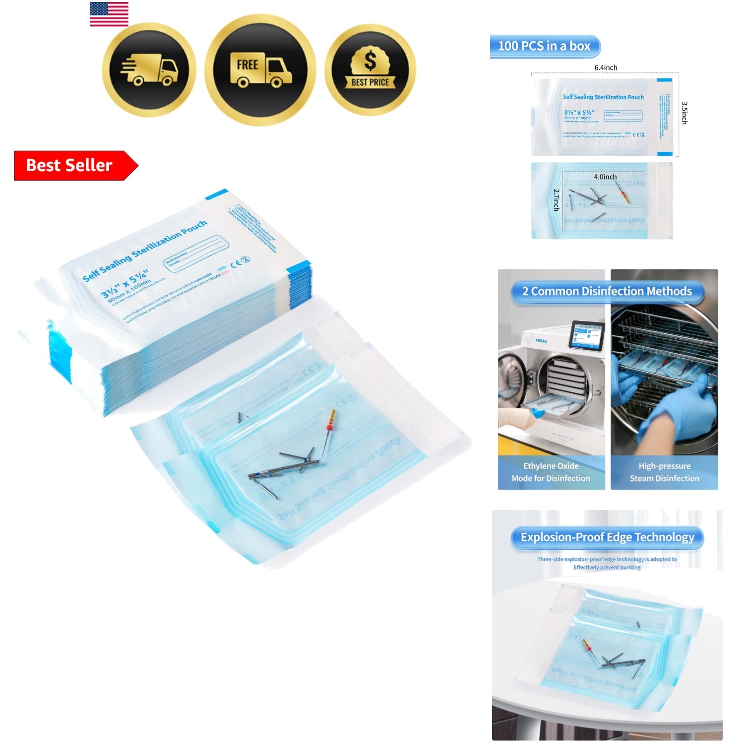 3.5 X 6.5 Self Sterilization Pouches for Dental Offices, 100 Pcs Self Seal St…