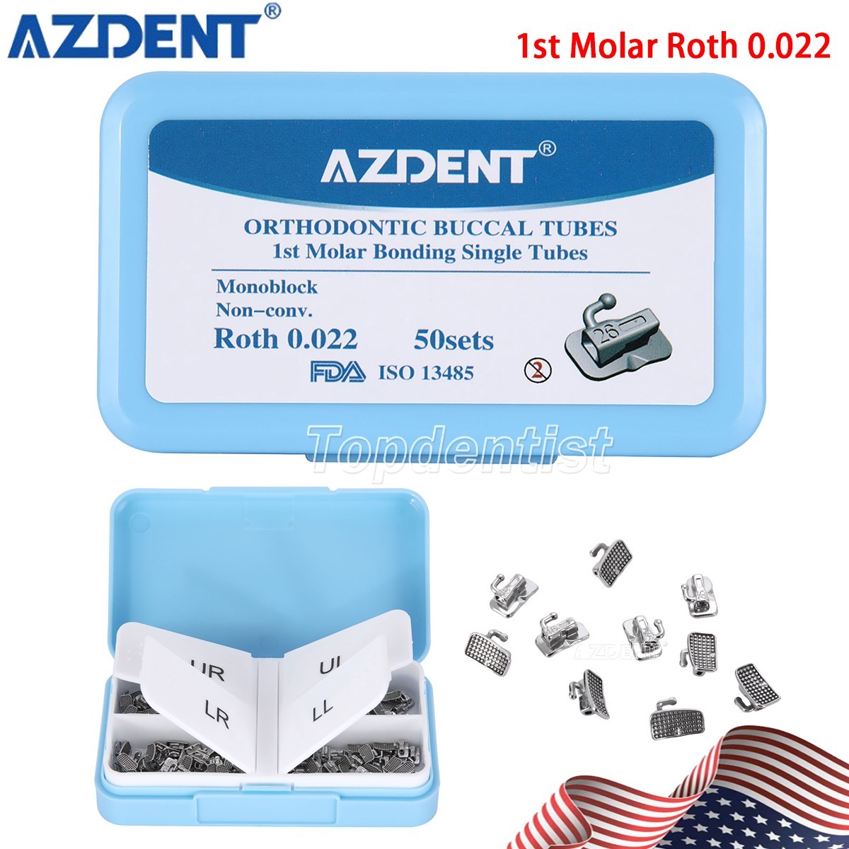 50 Sets AZDENT Dental Orthodontic Buccal Tubes 1st Molar Roth 022 Non-Conv.