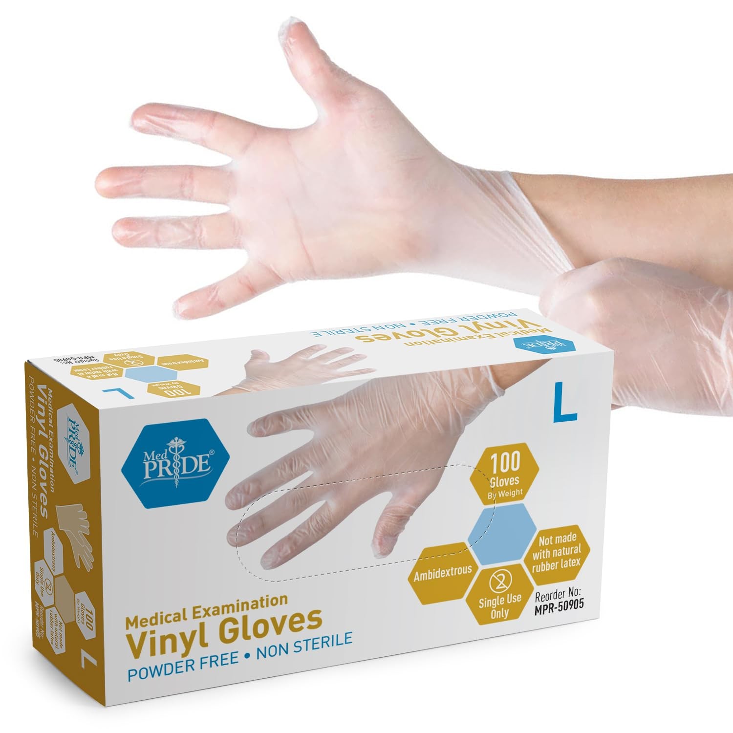 MED PRIDE Medical Vinyl Examination Gloves (Large, 100-Count) Latex & Rubber Fre