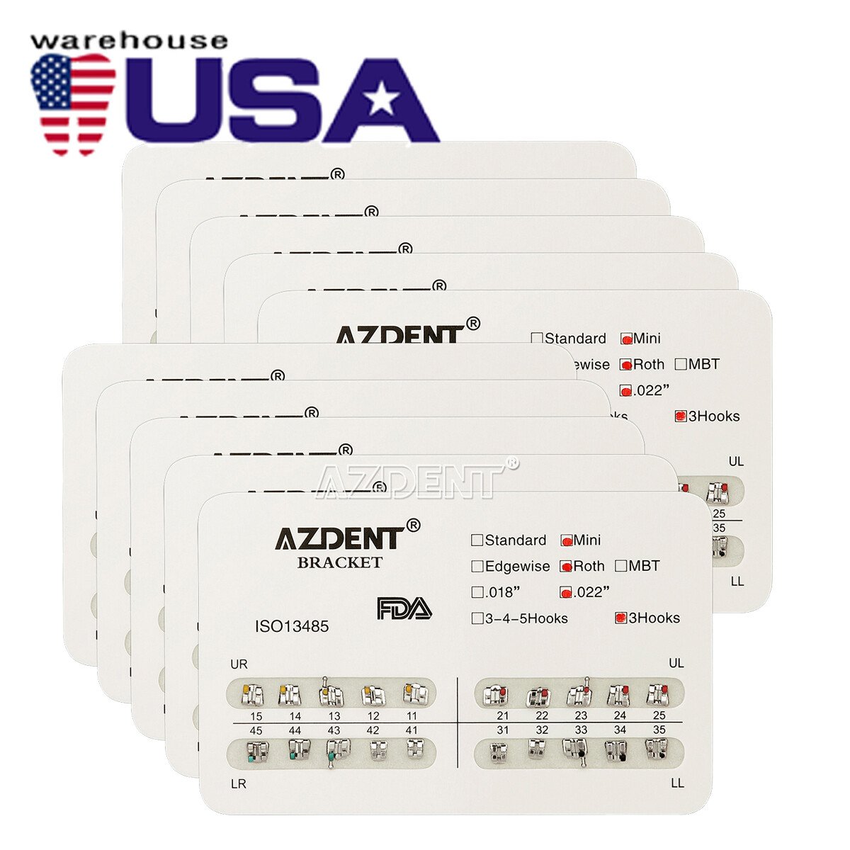 AZDENT 20Pc/Pack Dental Orthodontic Metal Brackets Mini Roth 022 Hooks 3 Braces