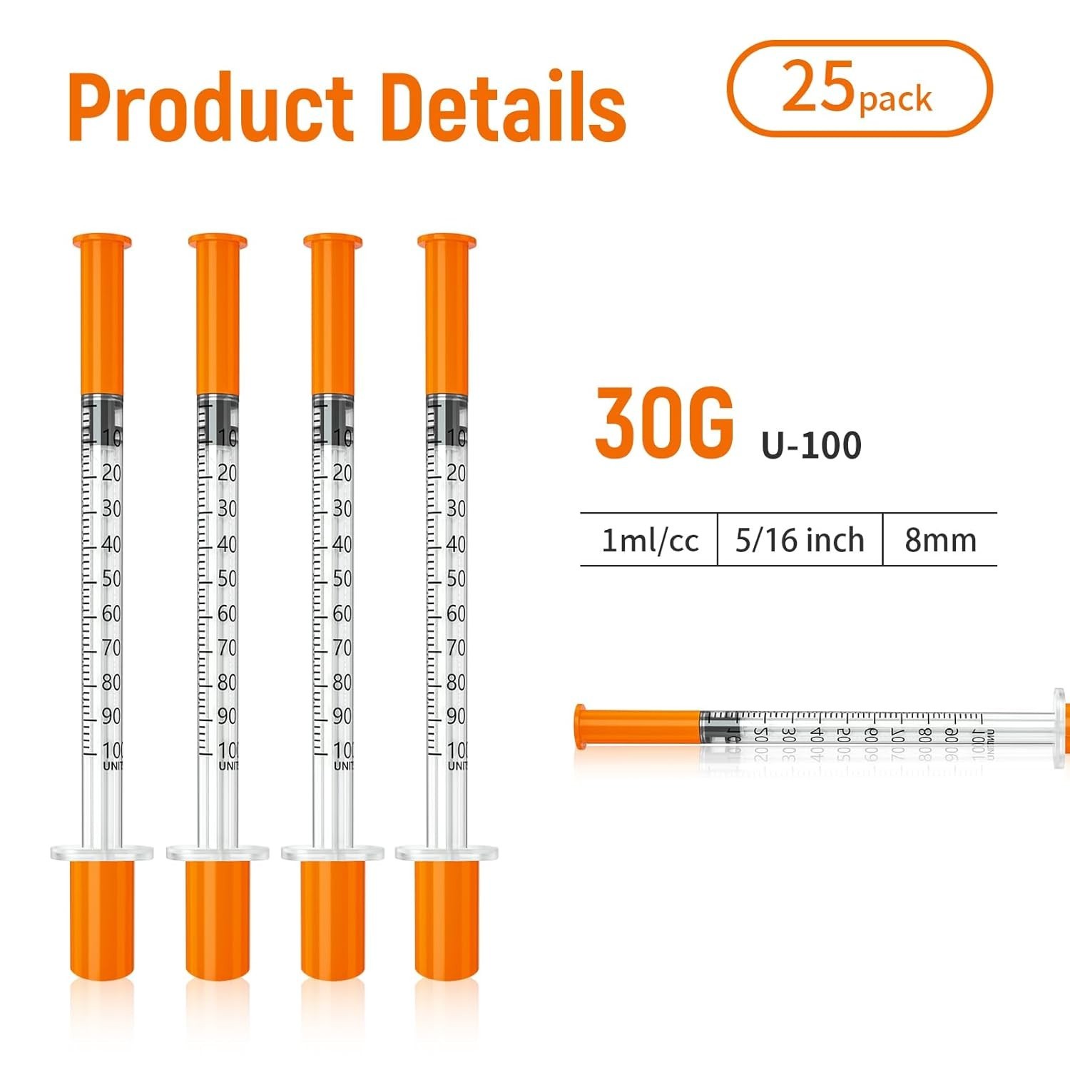 U-100 1ml 30G 5/16″ Syringe 25 Pack Sterile Single Use (No Claims)
