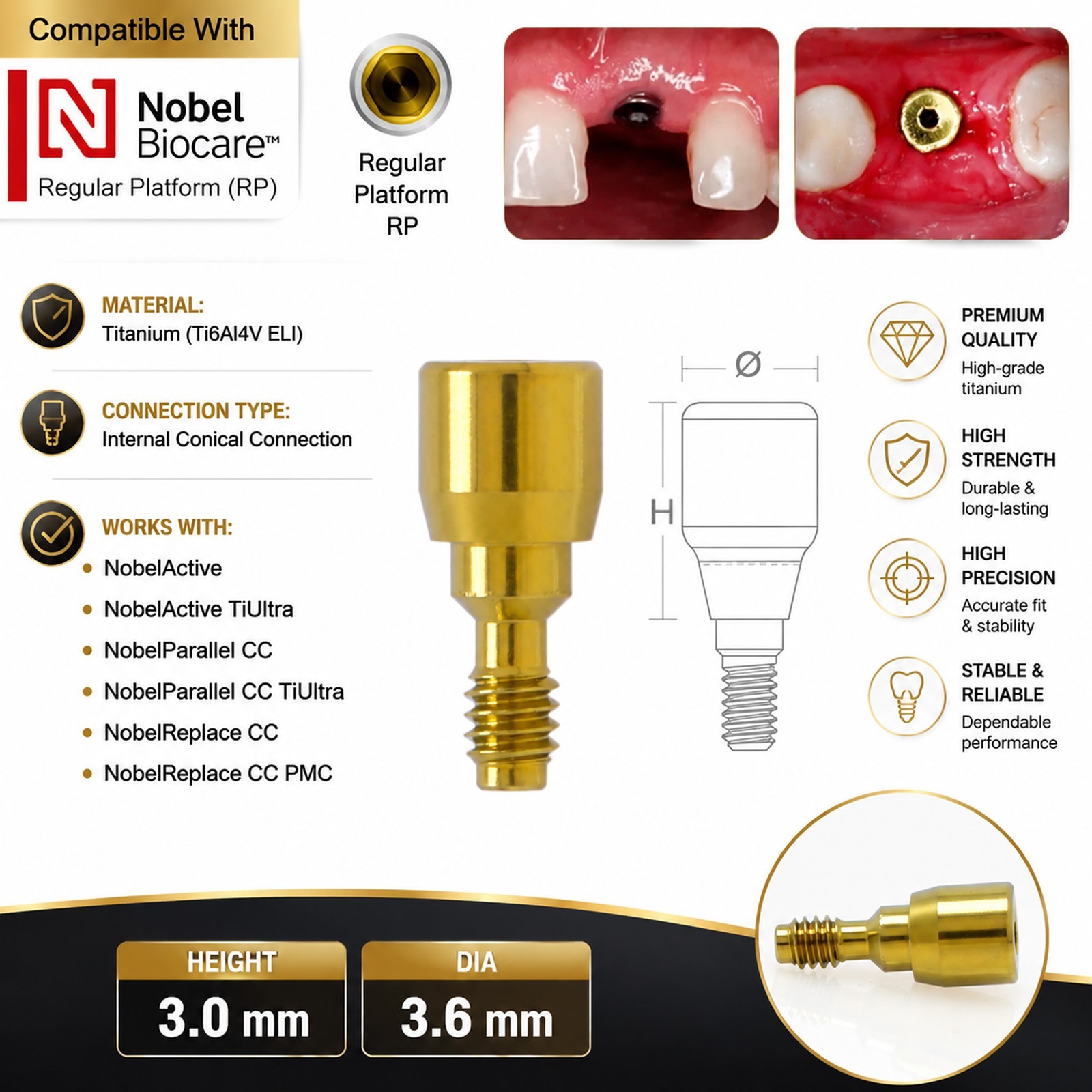 US Nobel Active Nobel Parallel CC Healing Abutment Compatible Conical Connection