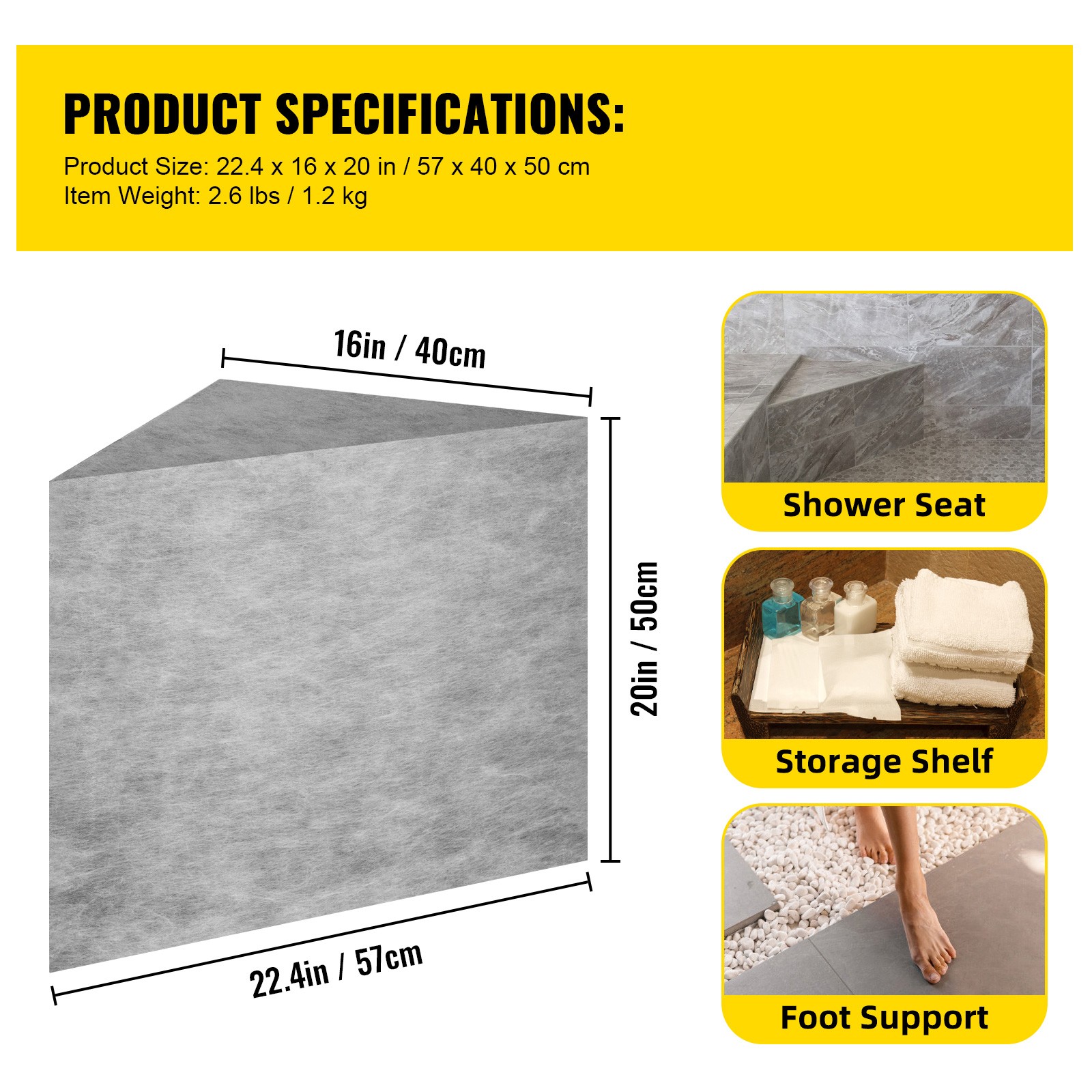 VEVOR Board Shower Bench Triangular Bench Ready to Tile & Waterproof 22.4x16x20″