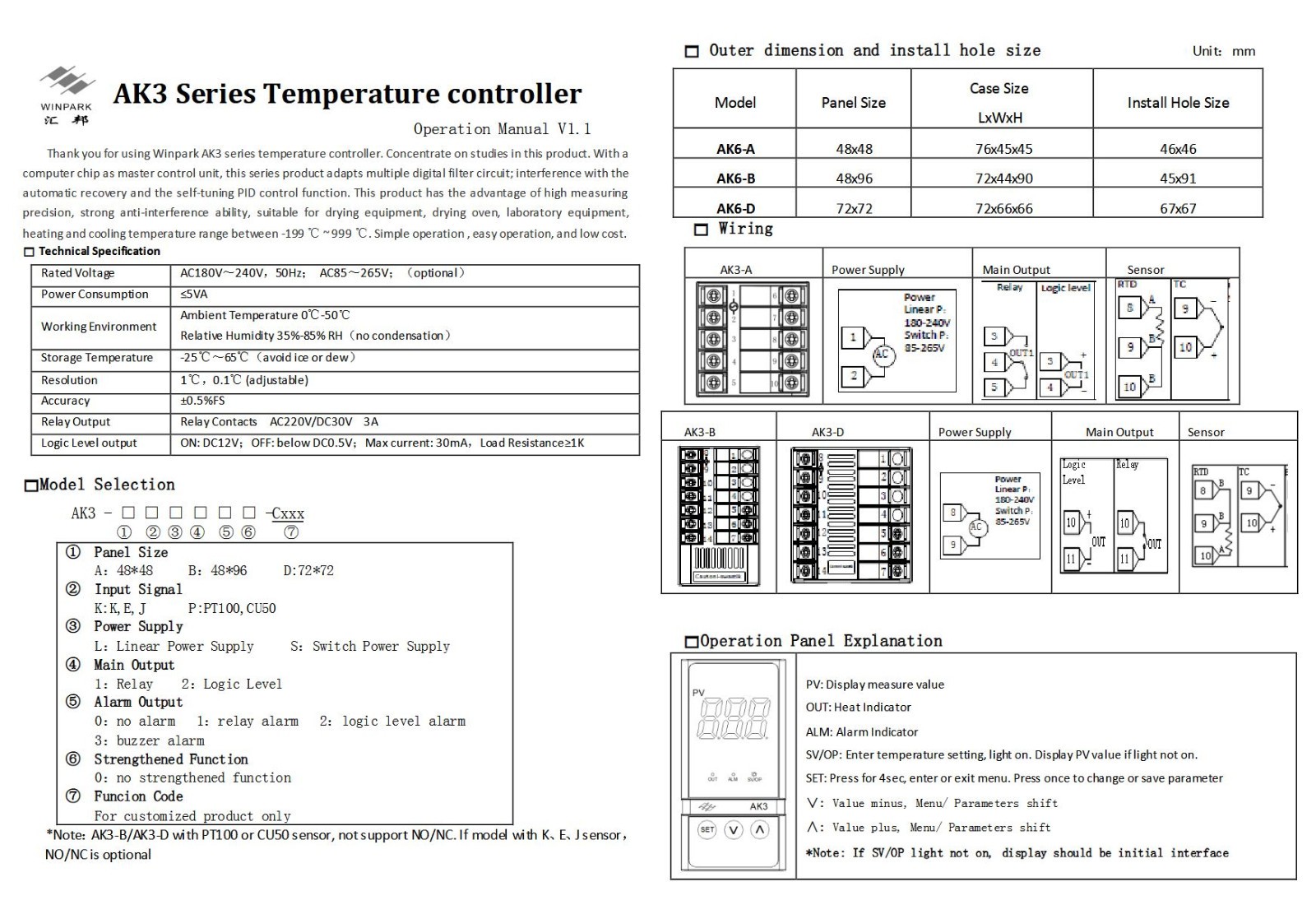 Winpark AK3 Temperature Controllers, 85V to 265V AC, 0 to 50C Relay Alarm, K,E,J