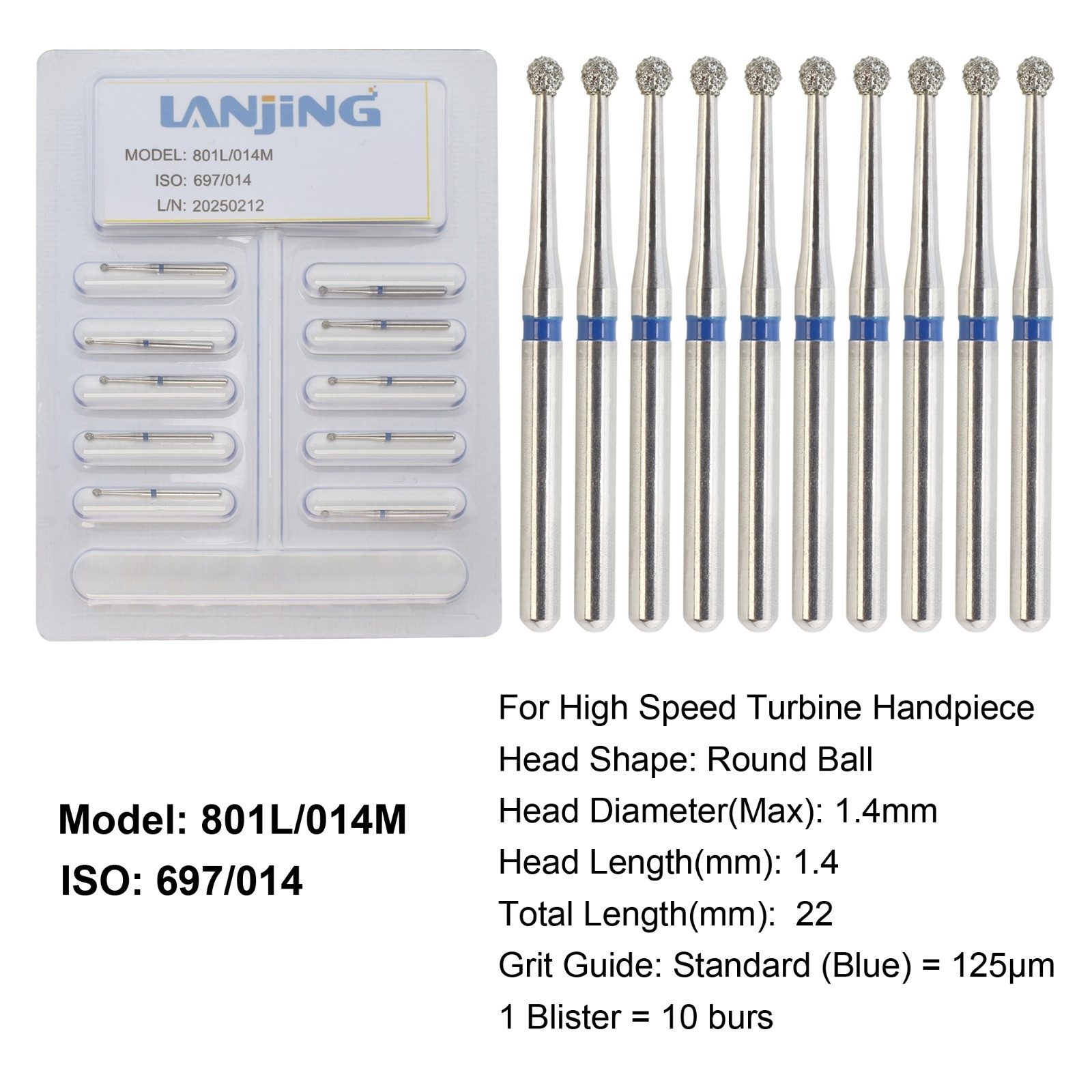 Dental Diamond Burs Round Ball Surgical Bur FG Coarse Fine Long High Speed 801