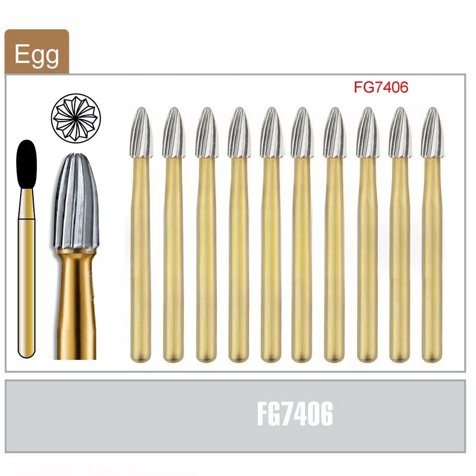 Dental FG 7406 Burs Tungsten Carbide Trimming & Finishing Egg Shape