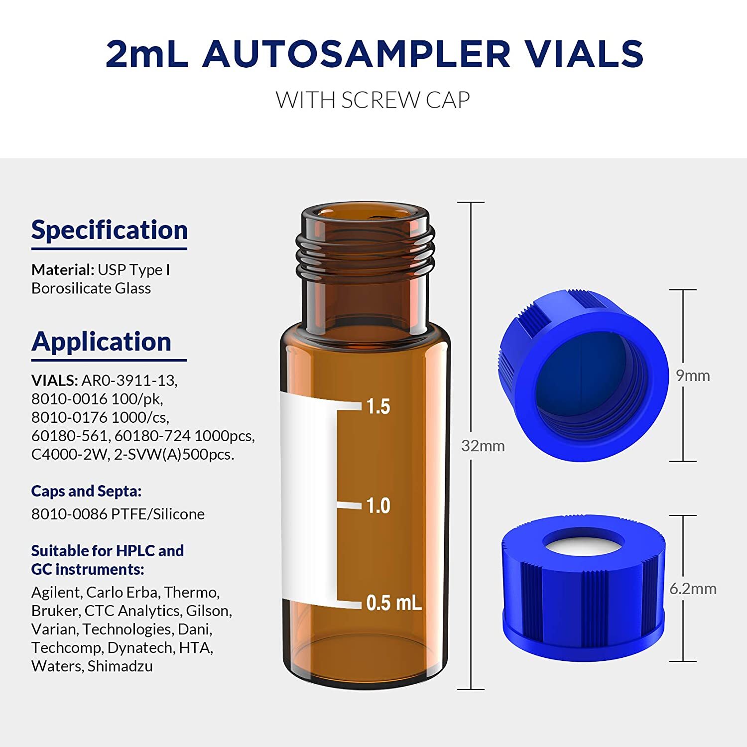 Simpure 1000PCS Lab 2ml 9-425 Autosampler Amber Vials+Blue Caps 9mm Thread HPLC