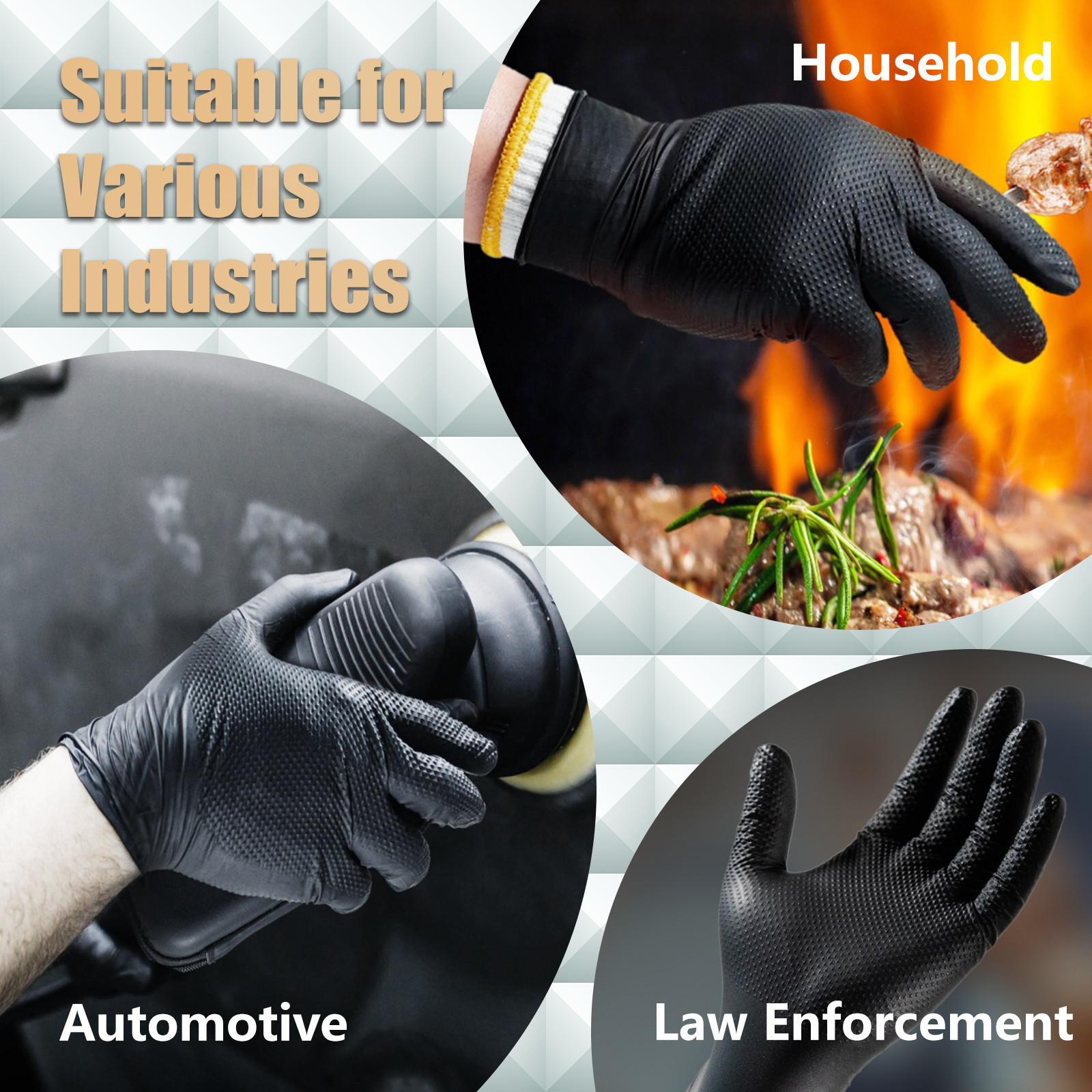 GP Craft Black Nitrile Gloves Diamond Grip 8Mil Disposable Latex Free 1000/Case
