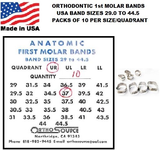 Orthodontic Dental 1st Molar Plain Bands USA Sizes 10 per Size/Quadrant 29to44.5