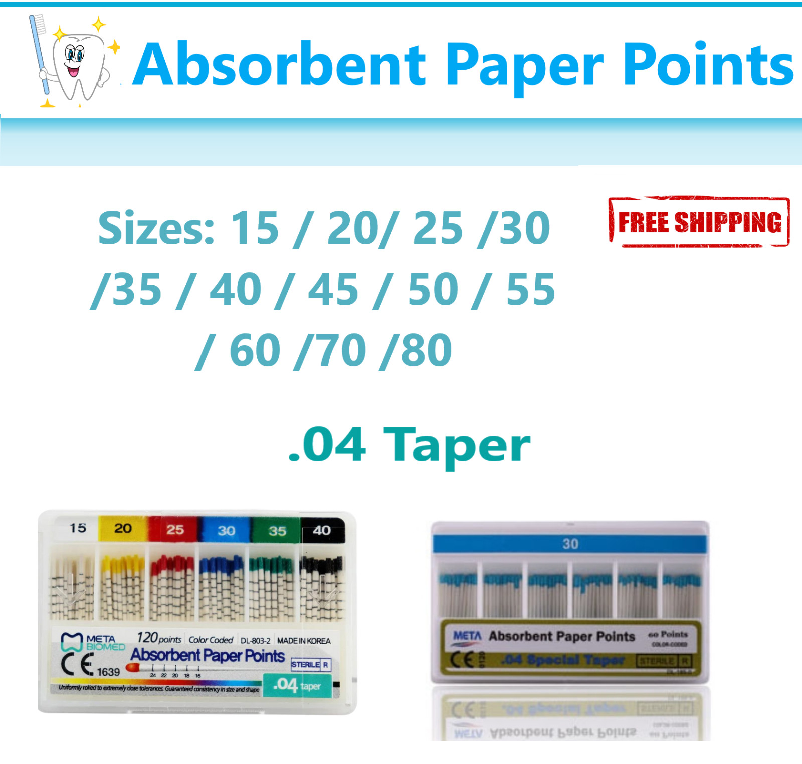 Dental Endo Absorbent Paper Points Point .04 & .06 Tapered, Standart Sizes Meta