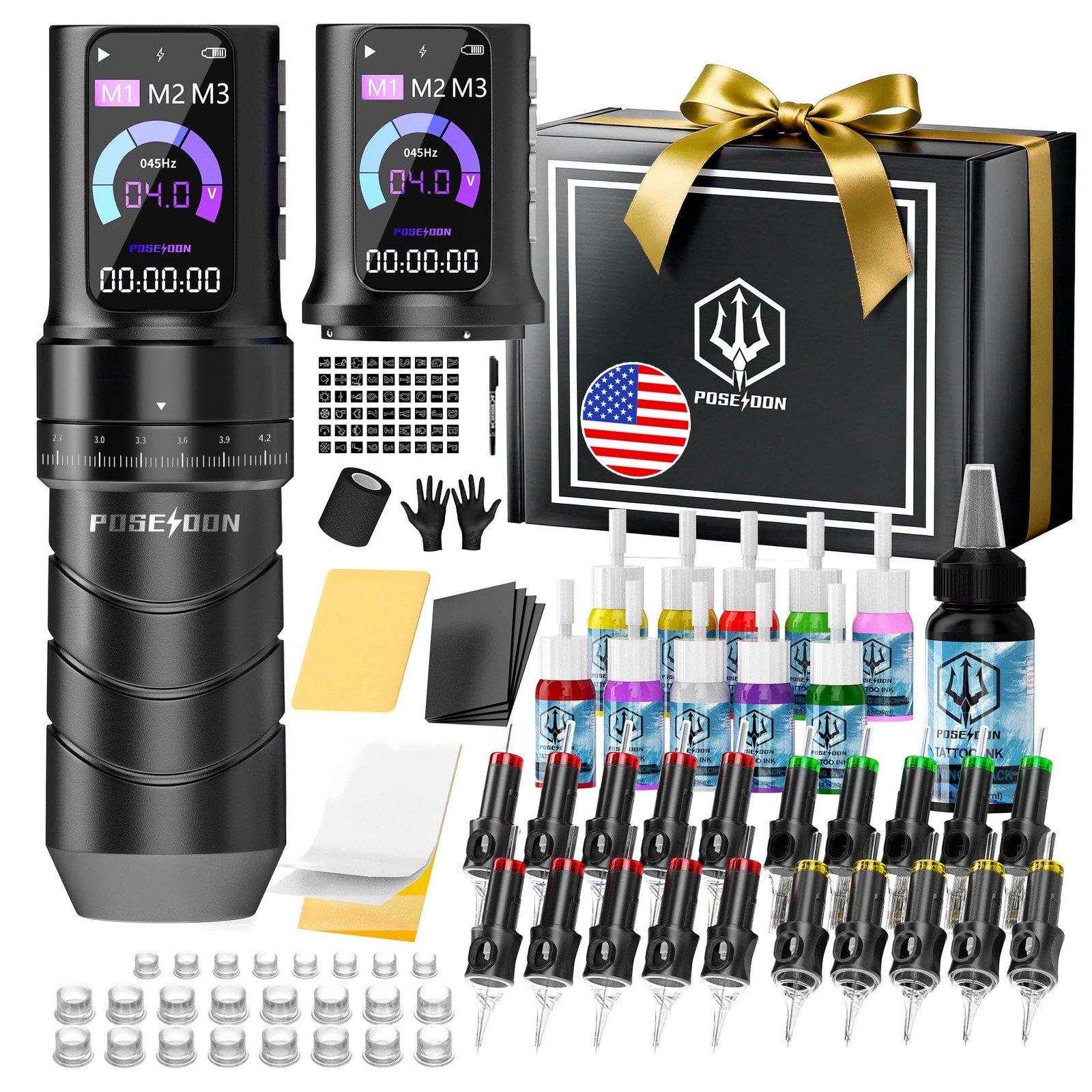 Poseidon Tattoo Gun Kit 7 Strokes Length Machine with 2pcs Black