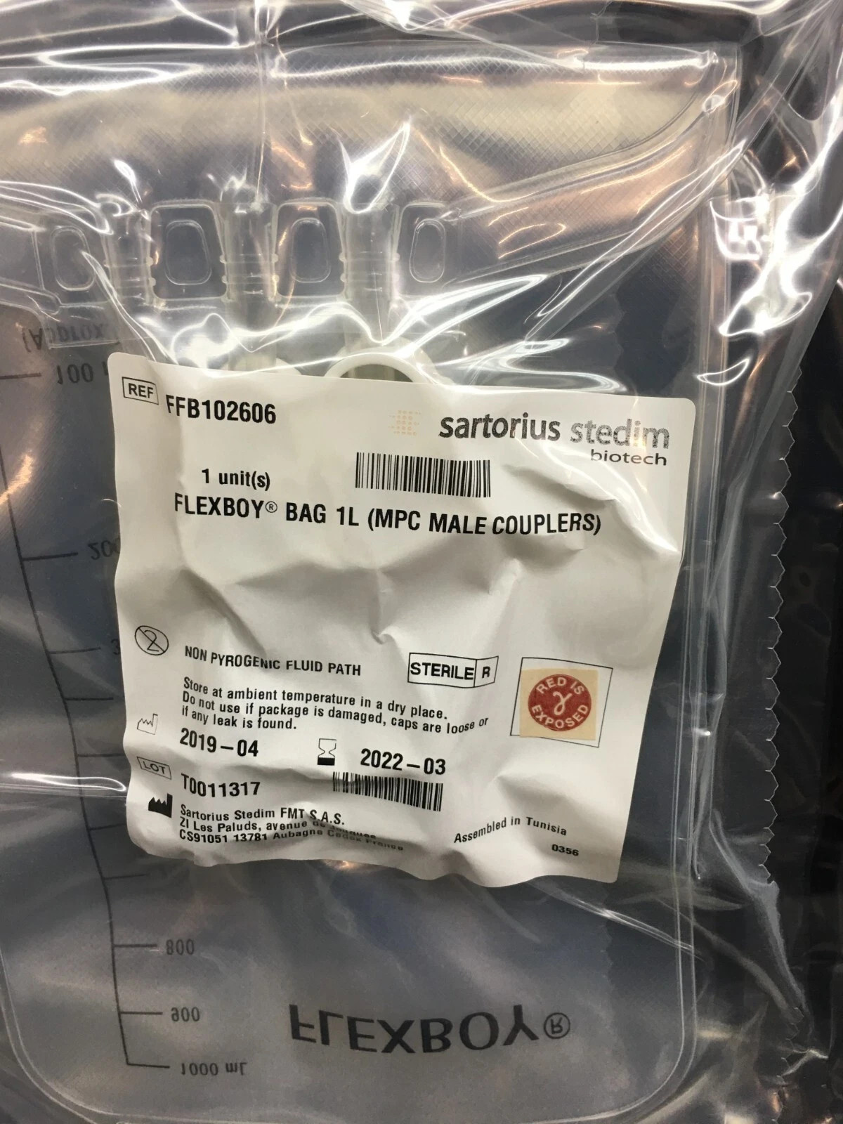 Sartorius REF FFB102606 FLEXBOY Bag 1L MPC MALE Couplers Lot 16 Packs