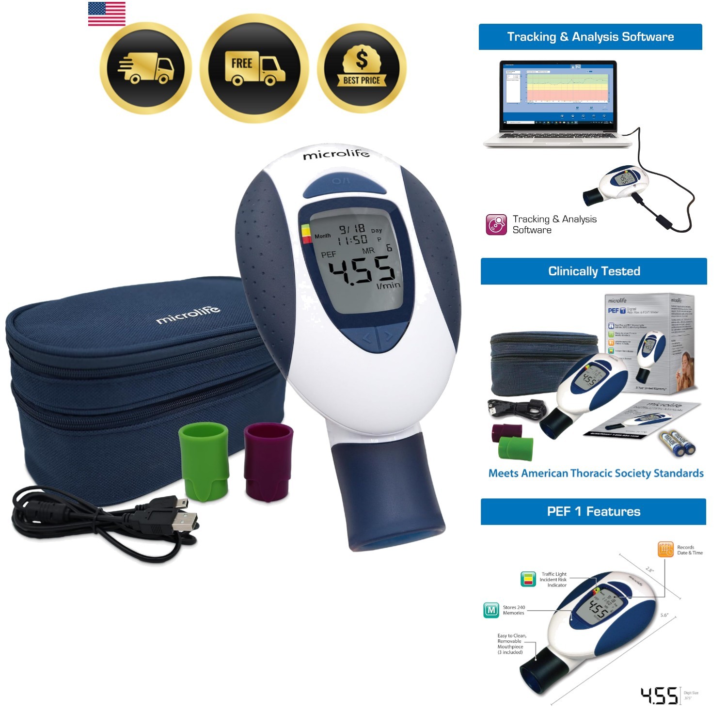 Deluxe Kit Digital Peak Flow Meter Tests PEF / / Early Detection of Asthma At…