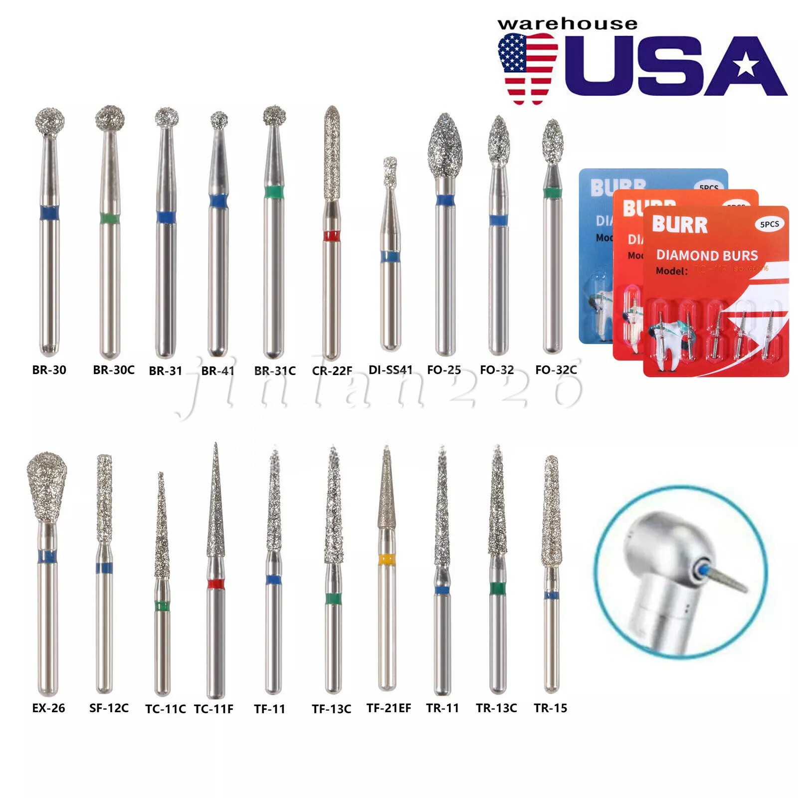 100Pcs Diamond Bur Tooth Drill for Dental High Speed Handpiece Mixed 20 Type USA