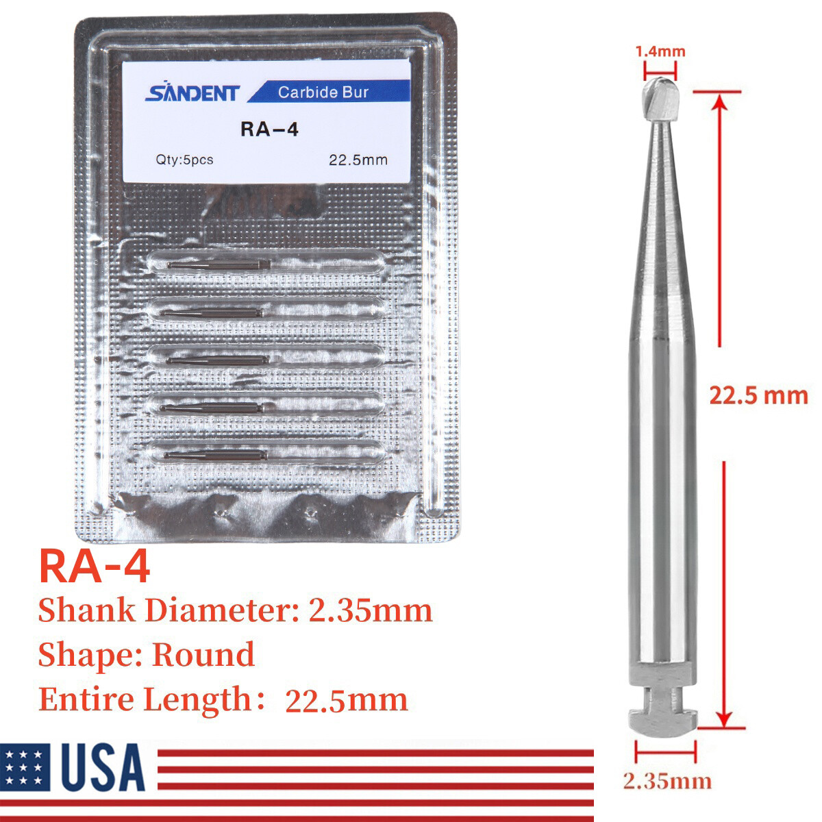 SANDENT Dental Round Carbide Bur for Slow Speed Latch RA4 5pcs/pack