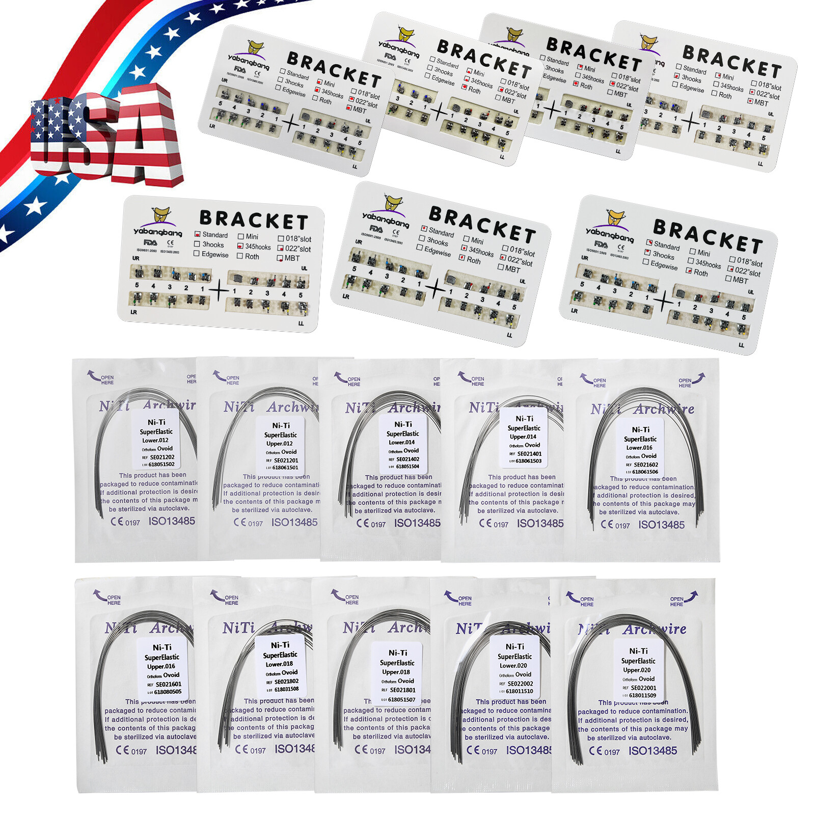100 Dental Super Elastic Niti Round Arch Wires /10* Bracket 3/345 Hooks Roth MBT