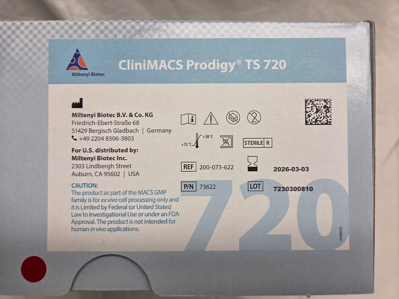 Miltenyi Biotec CliniMACS Prodigy TS 720 REF 200-073-622 EXP 2026-03-03