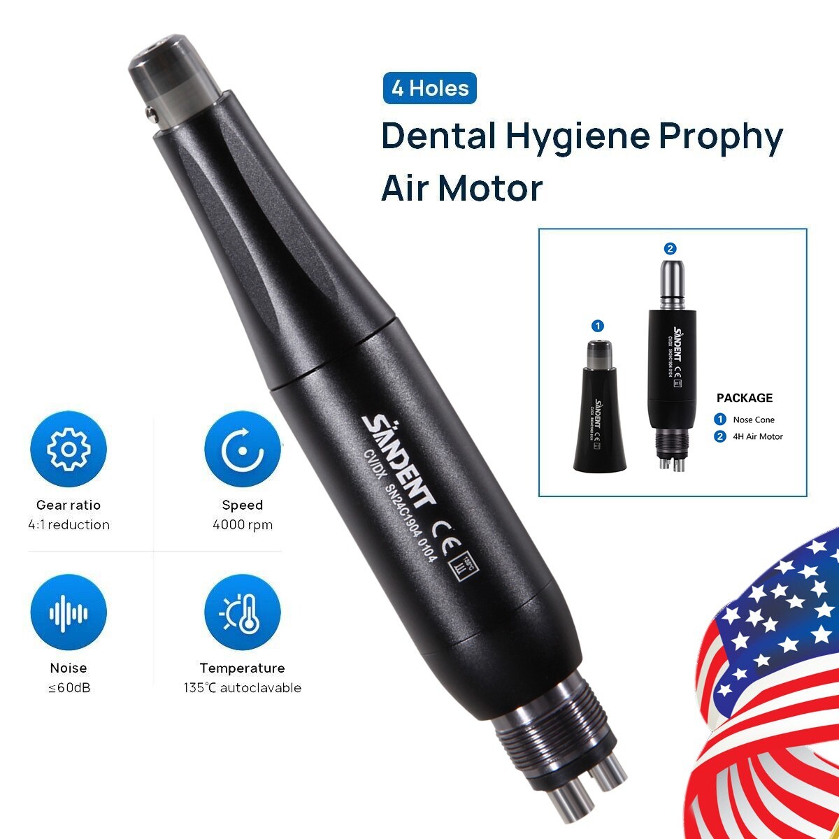 360° Swivel Dental Hygiene Prophy Handpiece Air Motor 4Holes 4:1 Nose Cone 135°C