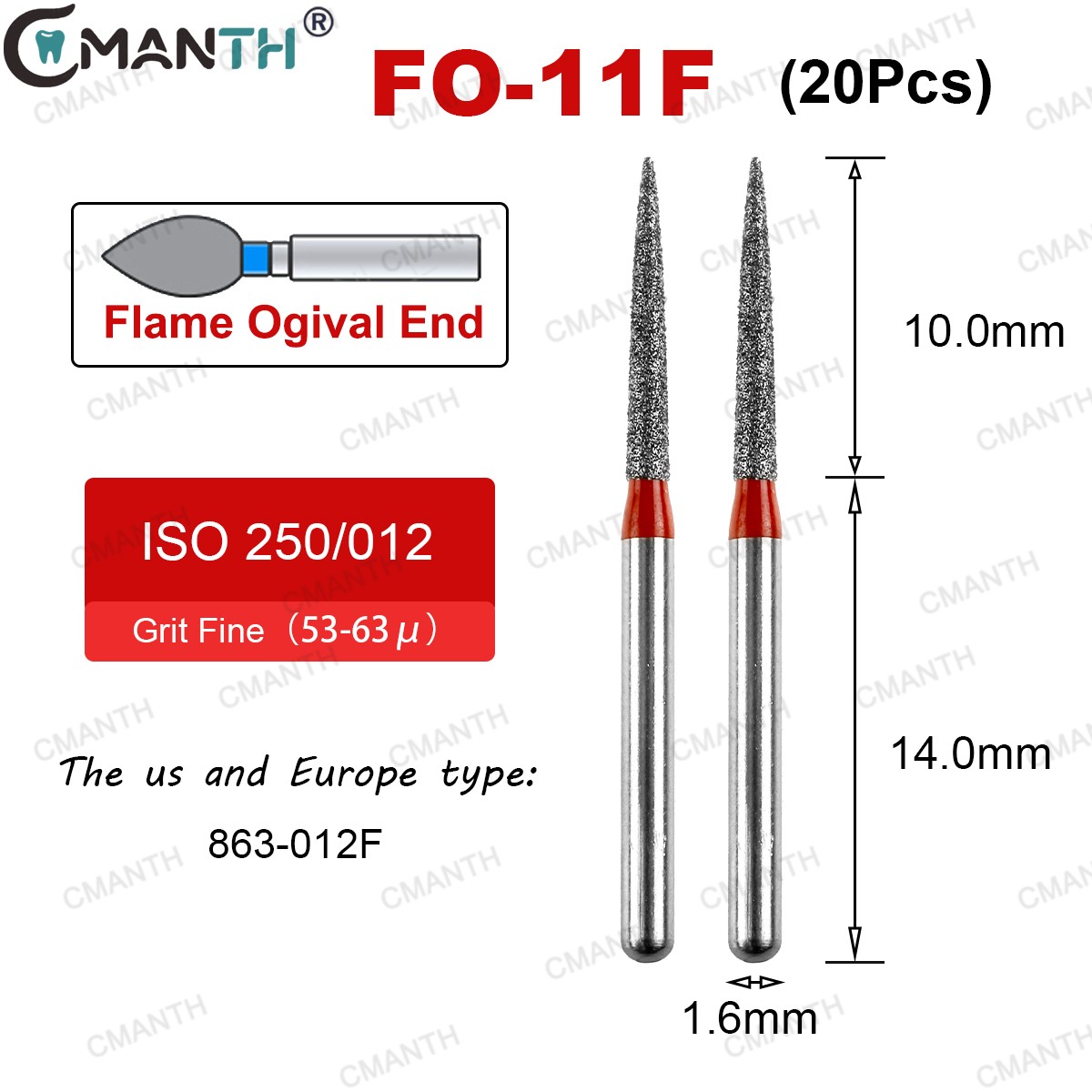 20PCS Dental FG Diamond Burs Taper Conical For High Speed Handpiece FrictionGrip