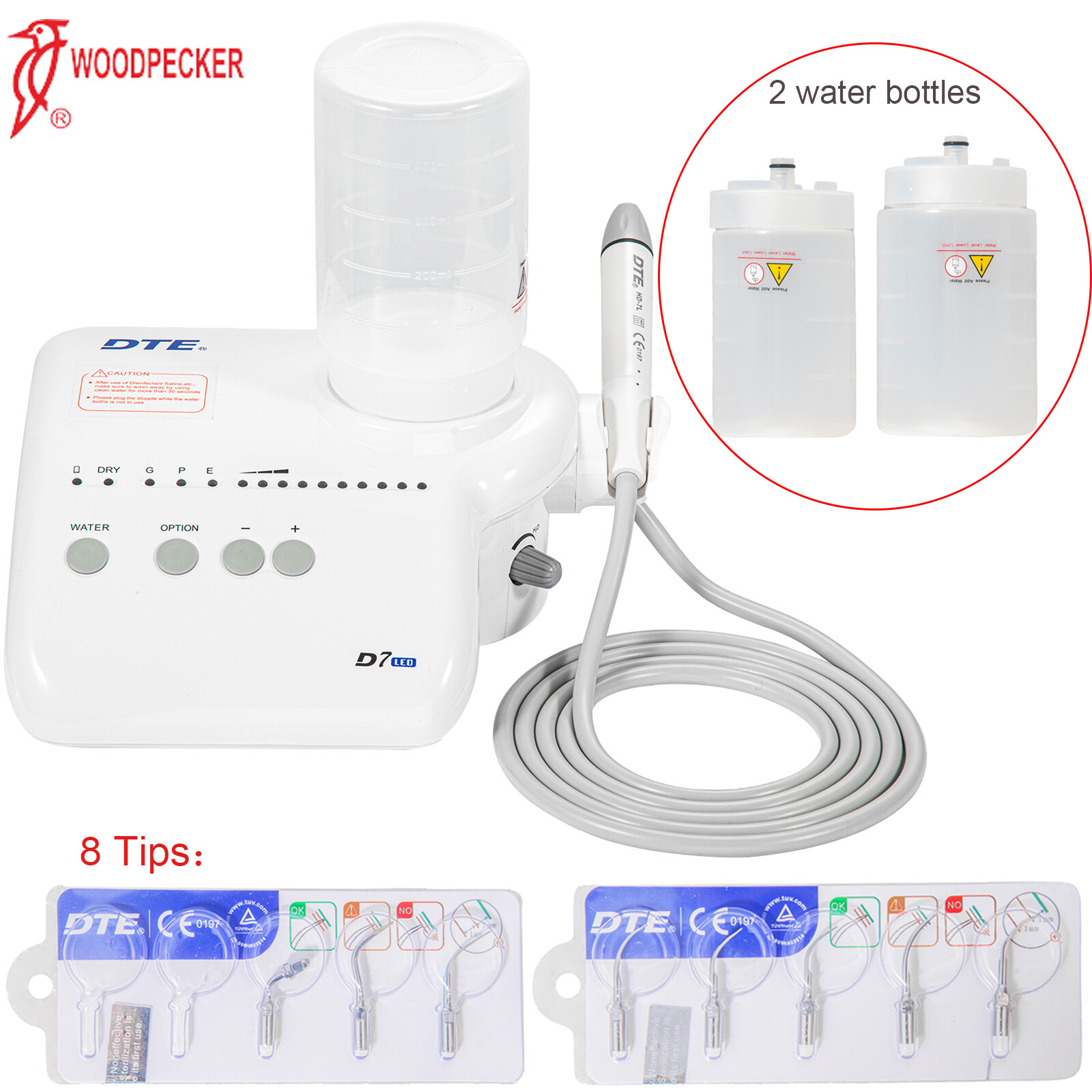Woodpecker DTE D7, D7 LED Ultrasonic Piezo Dental Scaler Handpiece with 8 Tips