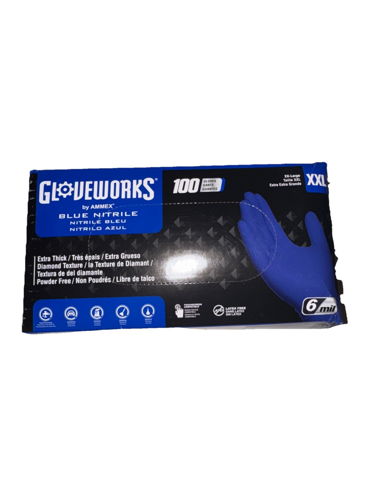 Ammex Gloveworks GWRBN49100 Blue Nitrile Powder Free Industrial Gloves, 6 Mil