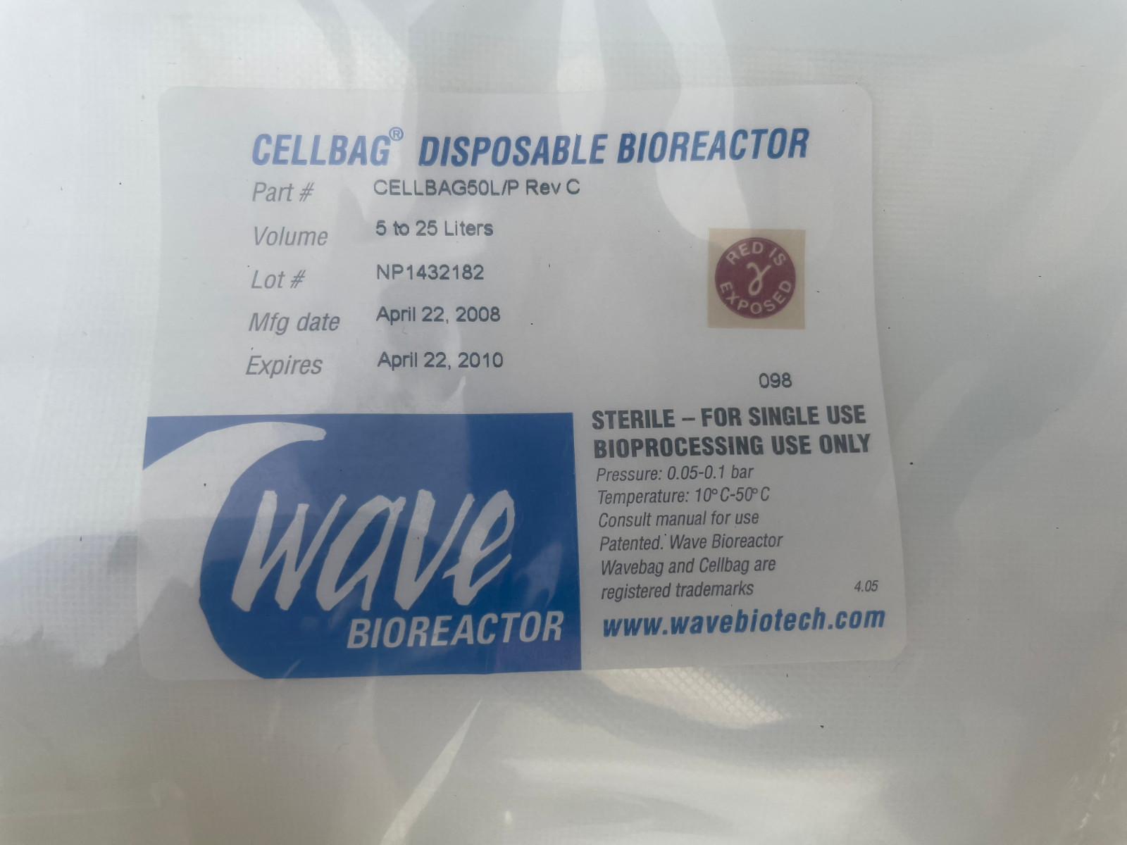 Wave/Cytiva 5-25 liter Disposable Bioreactor Bag