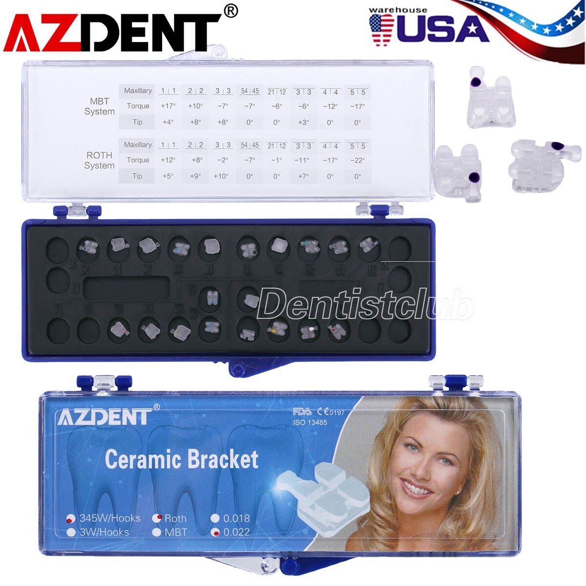 AZDENT Dental Orthodontic Clear Ceramic Braces Brackets Roth.022 Hooks 3 4 5