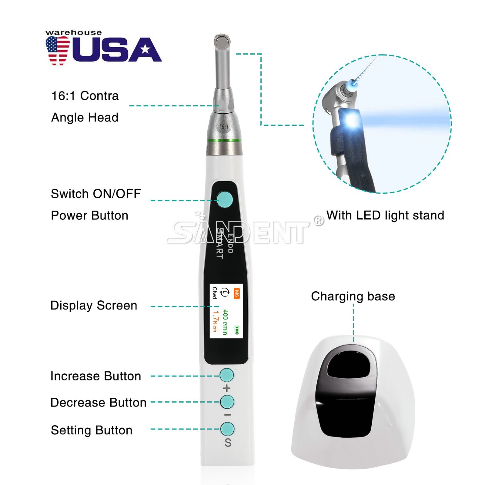Smart Reciprocating LED Dental Endo Motor Root Canal Cordless / 1:1 16:1 Head