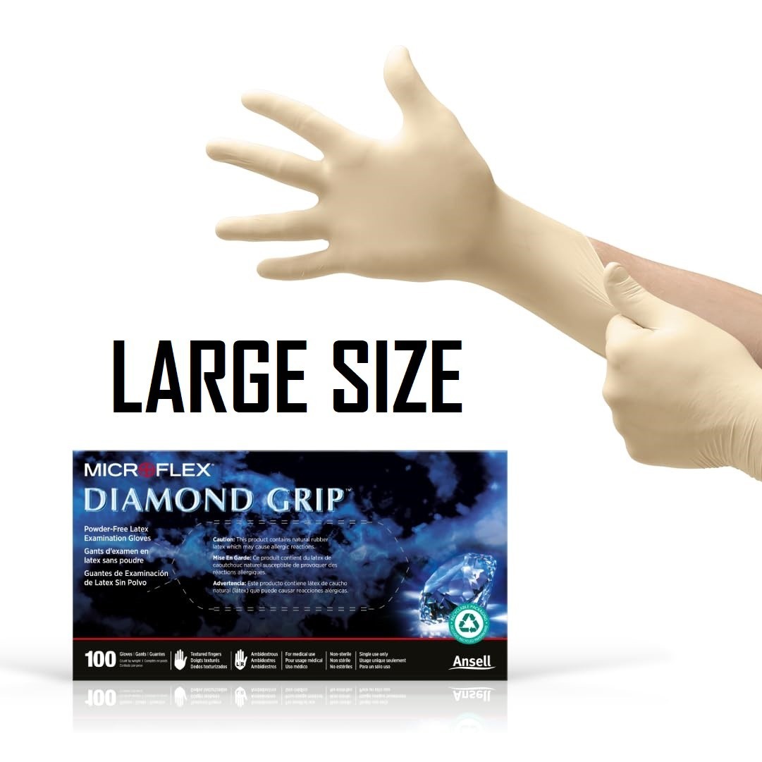 New Microflex MF-300-L Diamond Grip Latex Gloves Large Powder Free 100/Bx