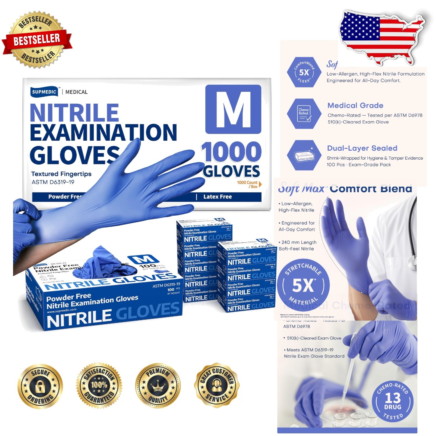 Powder-Free 1000 Med Nitrile Gloves – Soft Stretch Latex-Free Medical Cleanin…