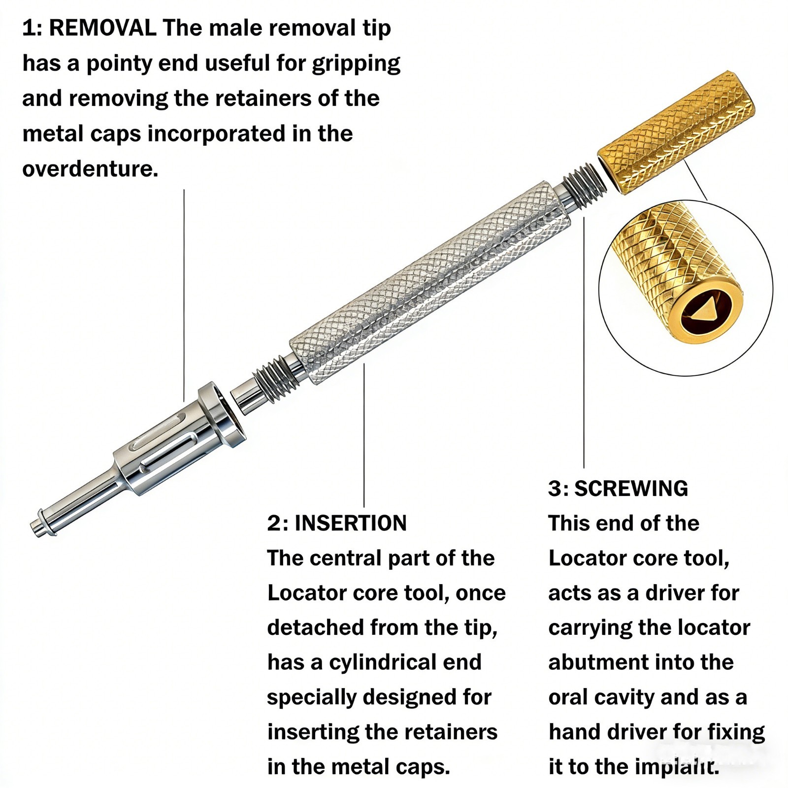Dental Locator Core Tool Insertion Extraction Removal Male Caps Driver Zest fits
