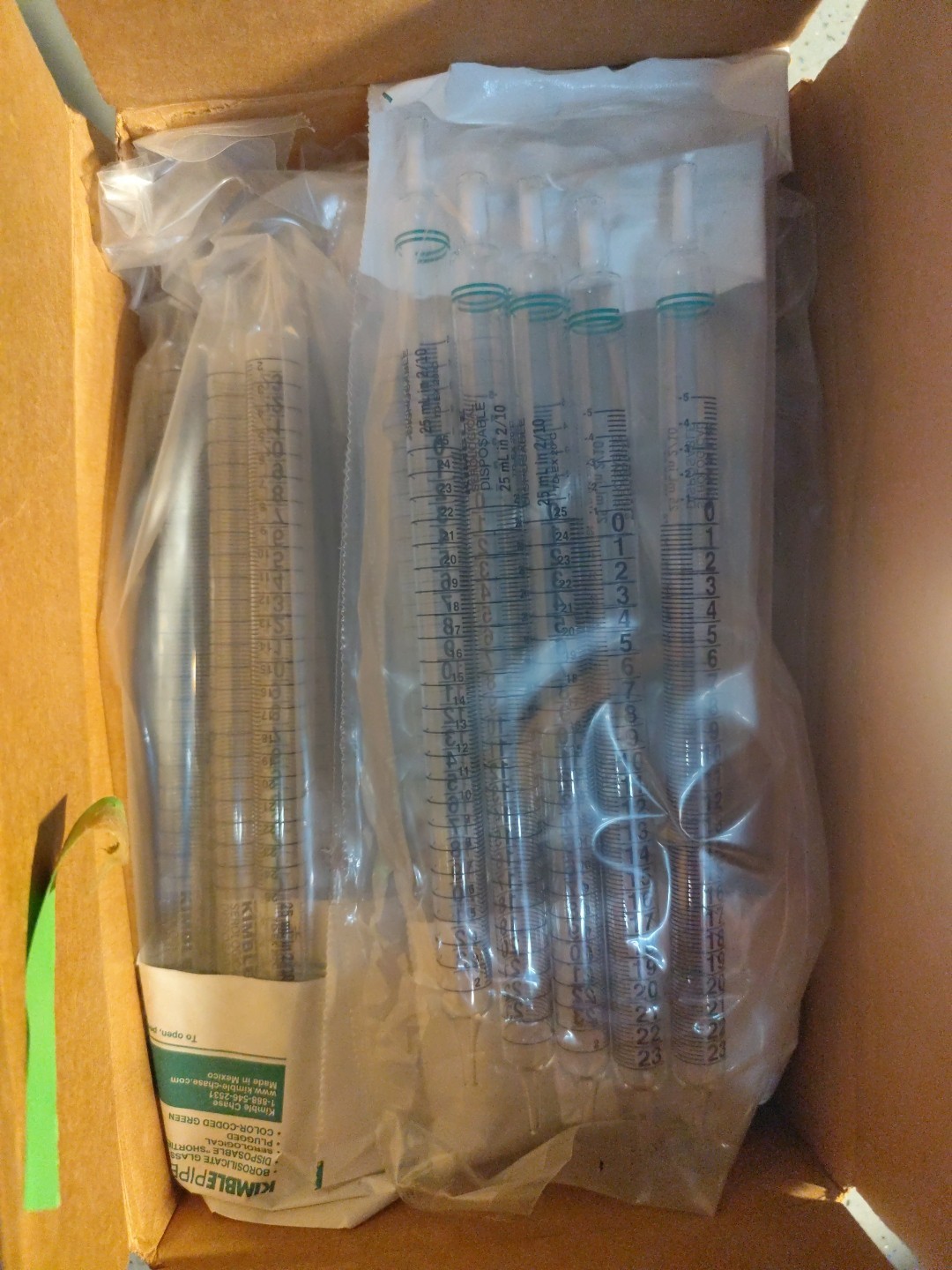 Kimble 25 ml Glass Serological Pipet Shorty Plugged Open Case 90 PCs 72110-25210
