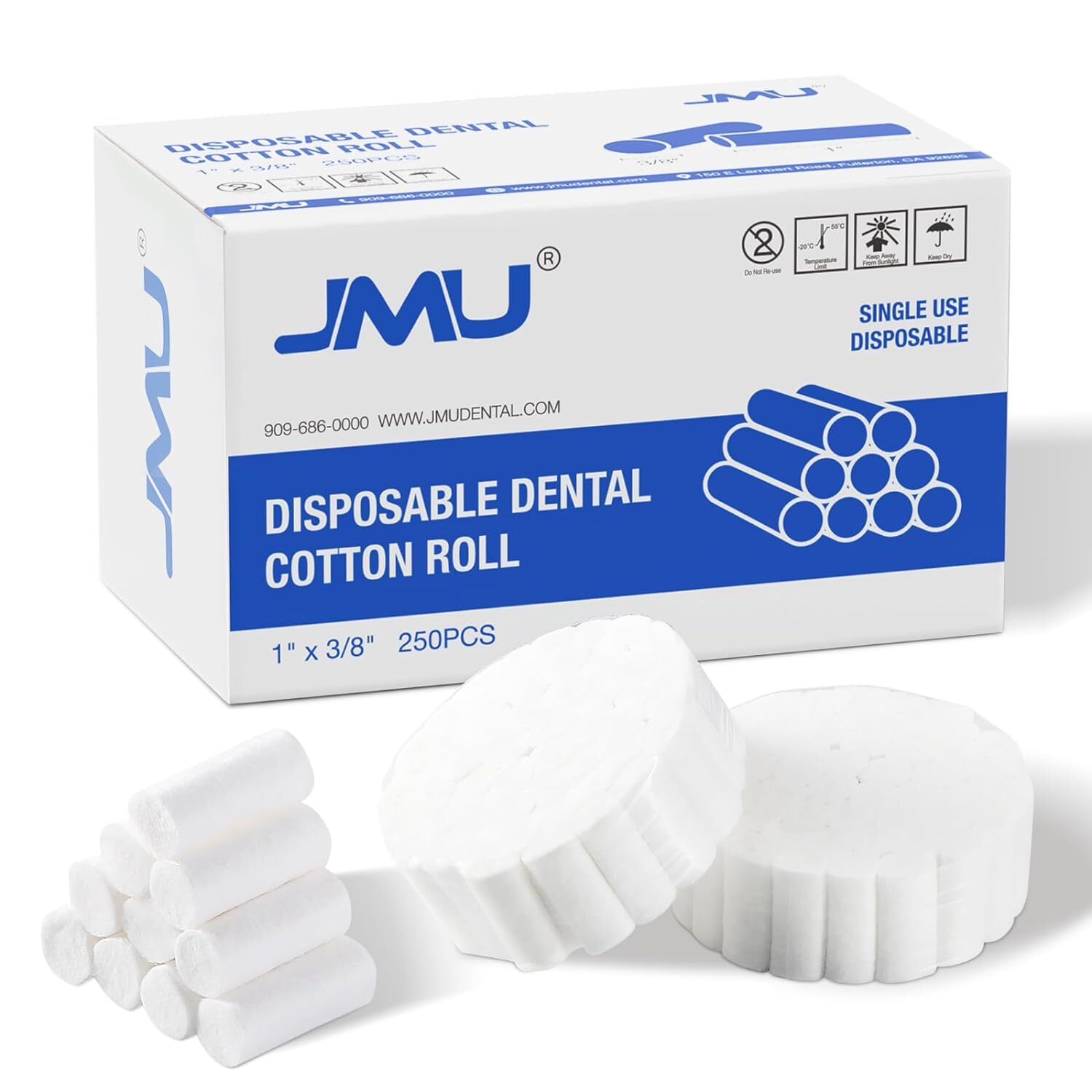 250pcs/Box JMU Dental Cotton Rolls Nosebleed Plugs Non-Sterile, 1″ x 3/8″