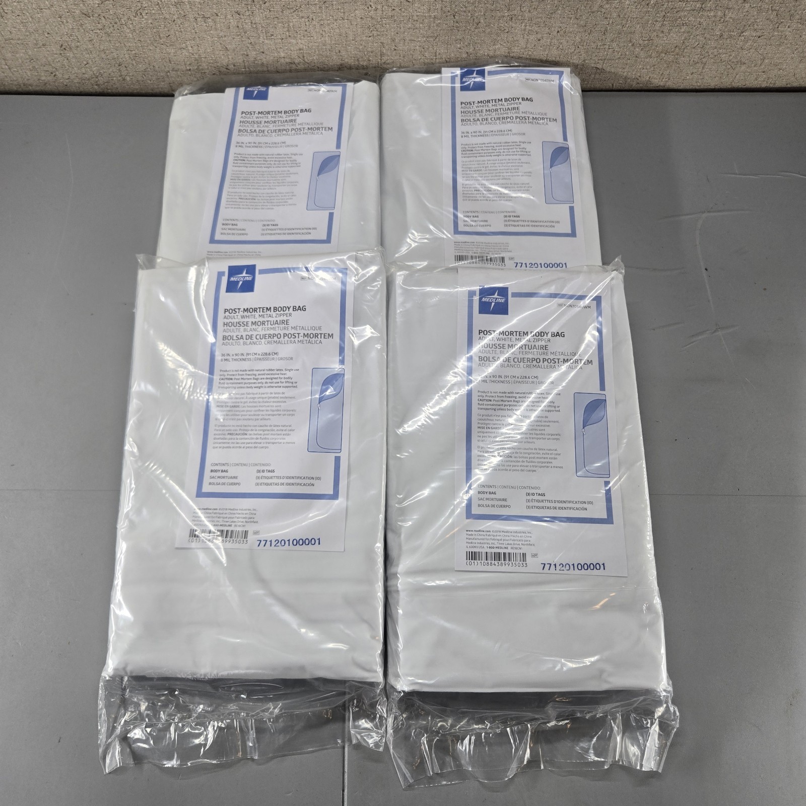 LOT OF 4 BRAND NEW MEDLINE POST-MORTEM ADULT BODY BAGS 36 X 90 8 MIL THICKNESS