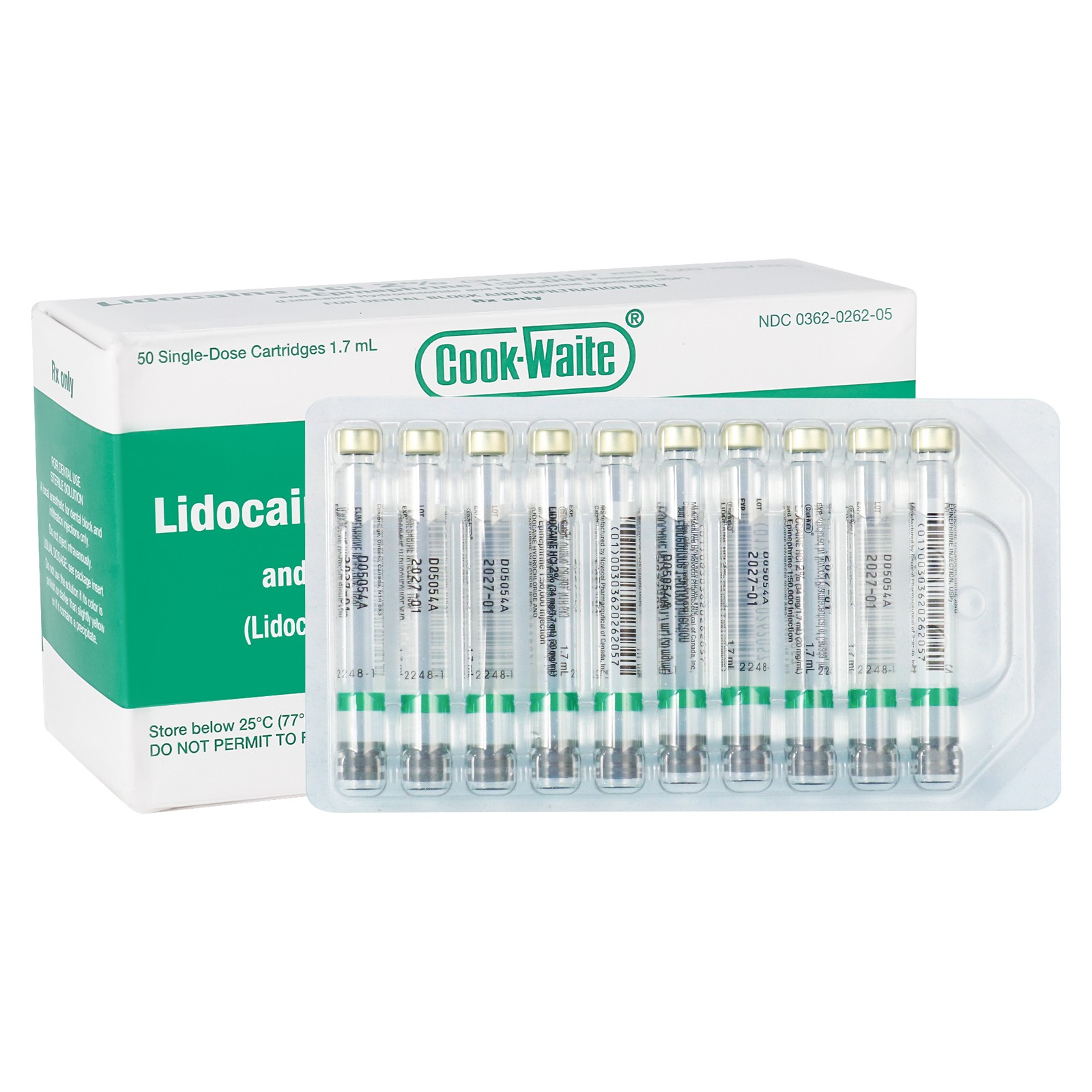 Cook-Waite Red 50 cartridges w/Epinephrine 1:100,000 HCl 2% Injectable Anest