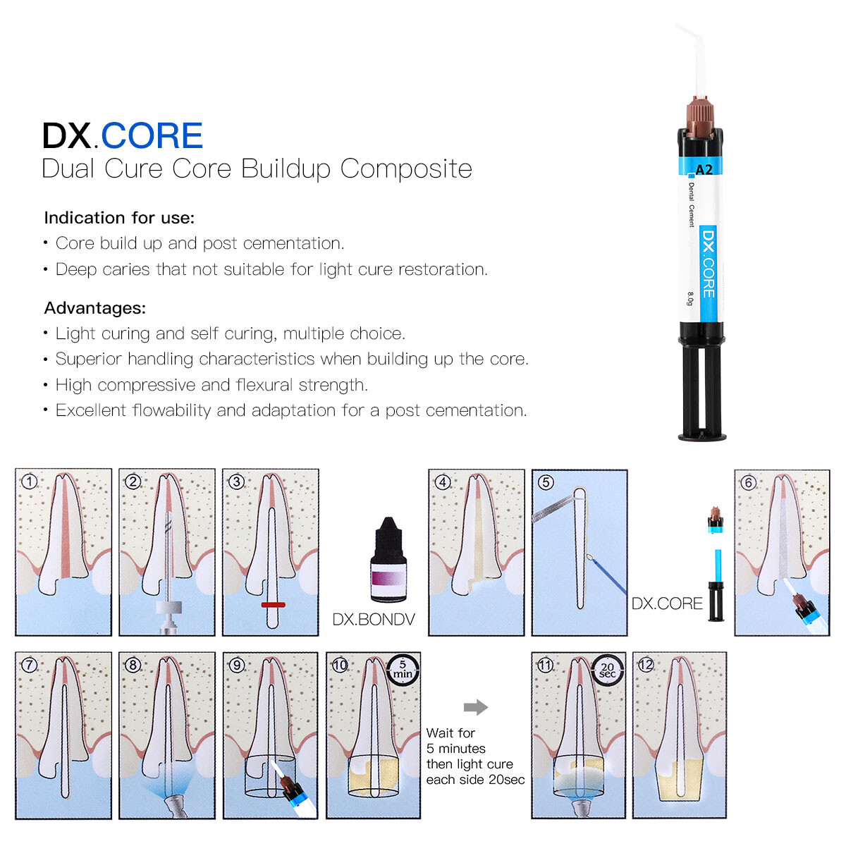 Dentex Dental Dual Cure Flowable Composite Resin Refill Core Build Up A2 A3