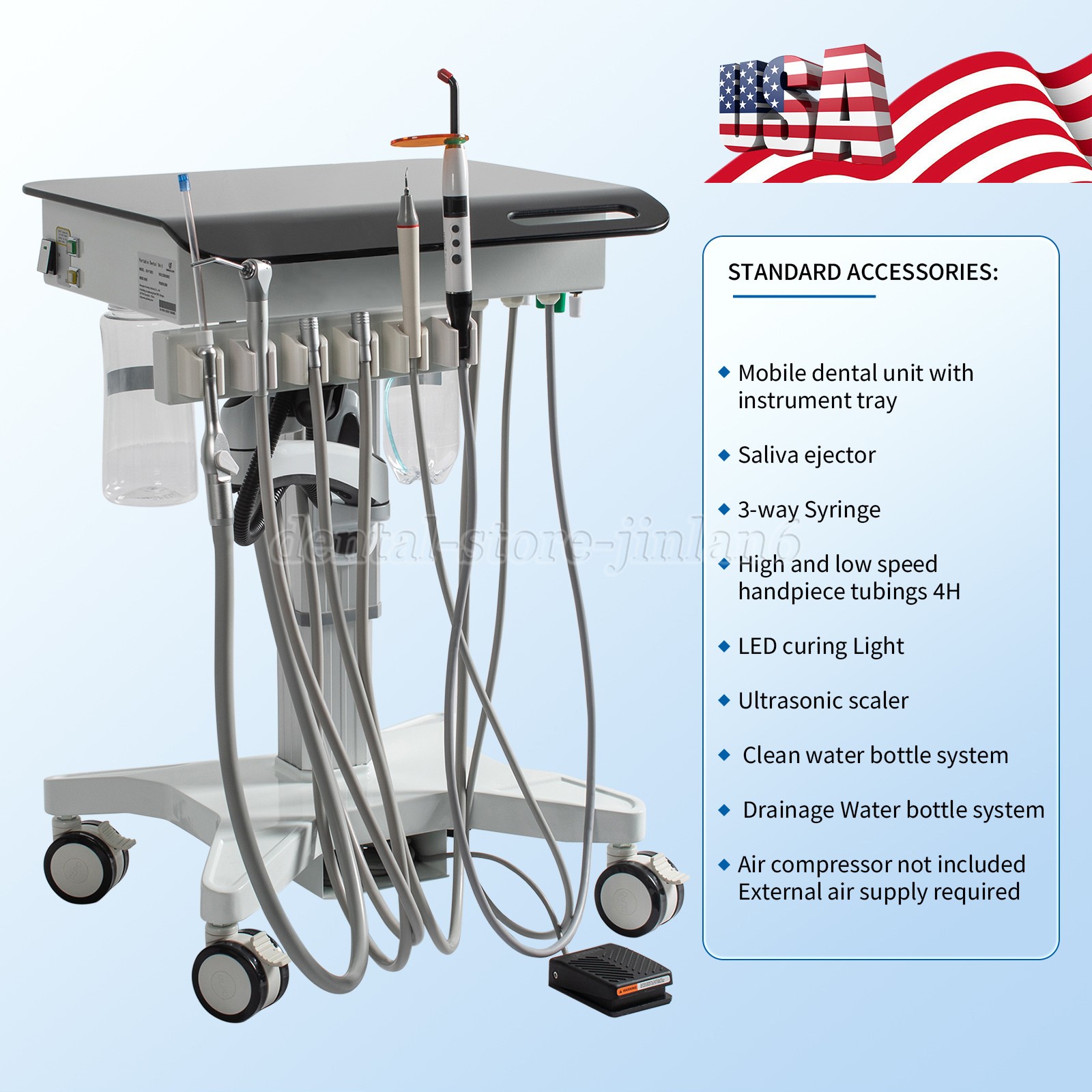 Mobile Veterinary Dental Unit Cart + Oil Free Air Compressor 4Holes