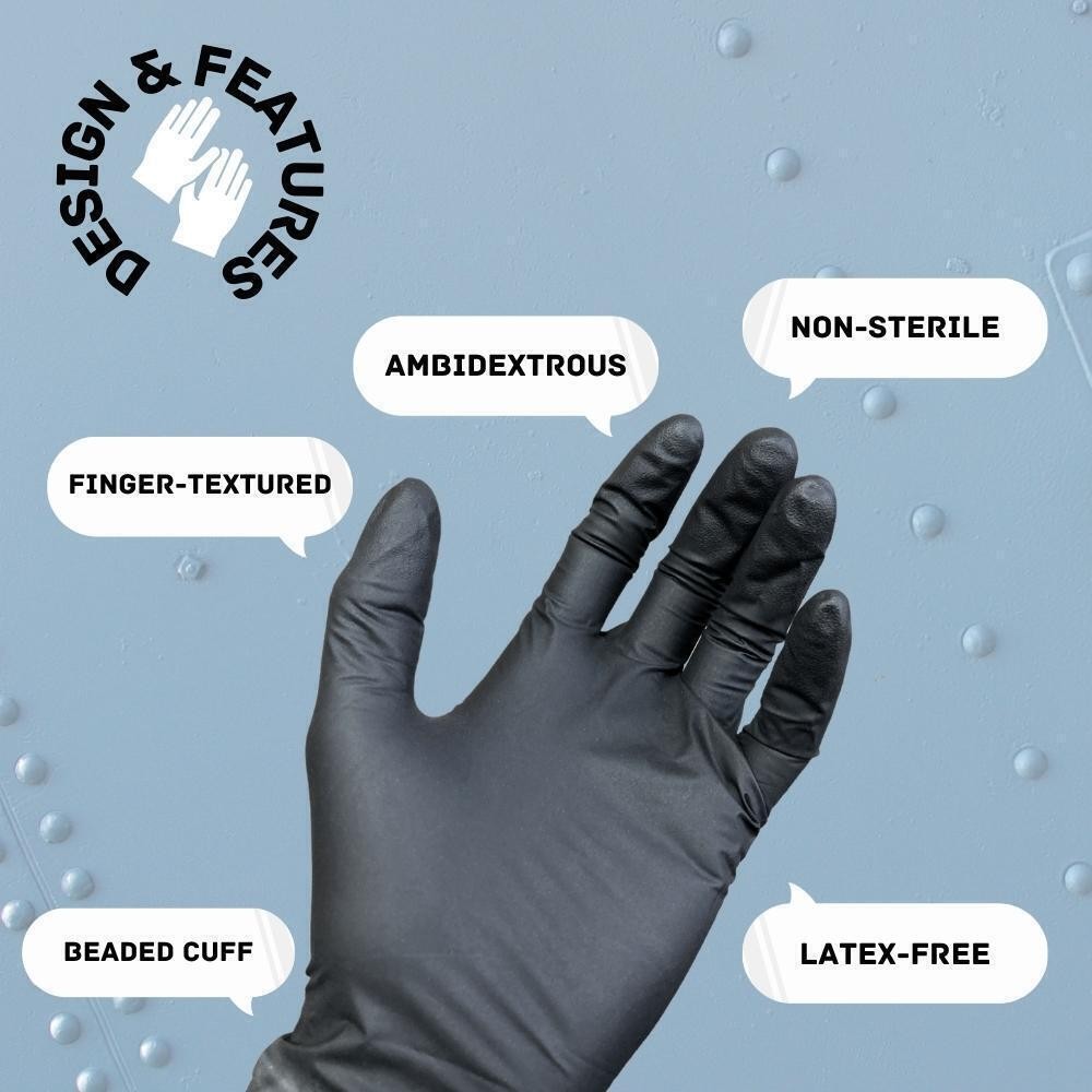 1000 Shield Nitrile 5mil Powder Free Gloves Black (Latex Vinyl Free) Large