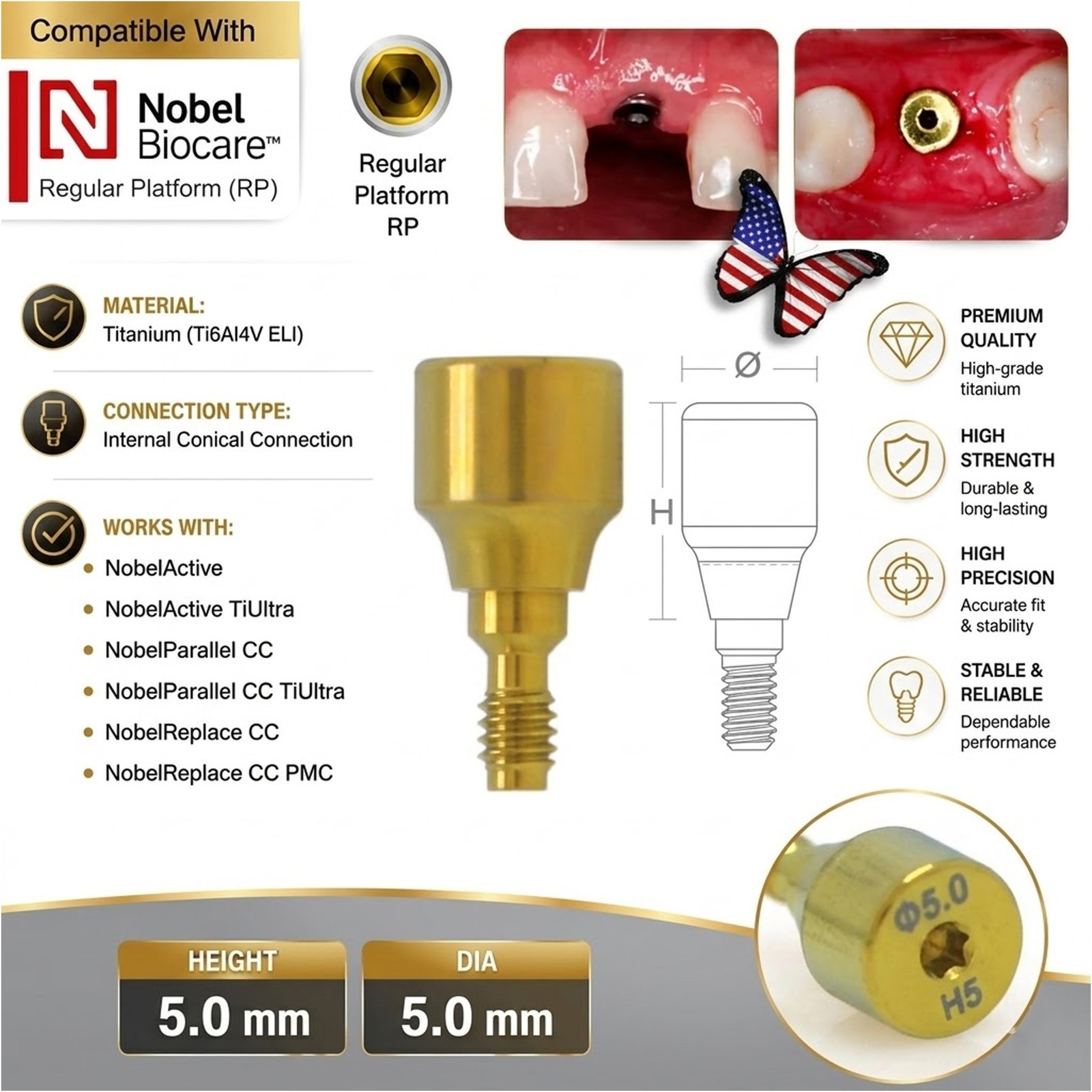US Nobel Active Nobel Parallel CC Healing Abutment Compatible Conical Connection