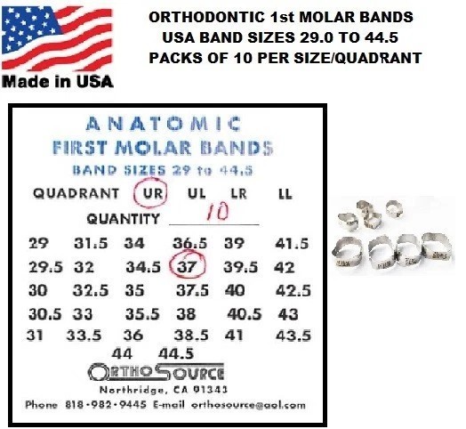 Orthodontic 1st Molar Plain Bands USA Sizes 29 to 44.5 Size/Quadrant packs of 10