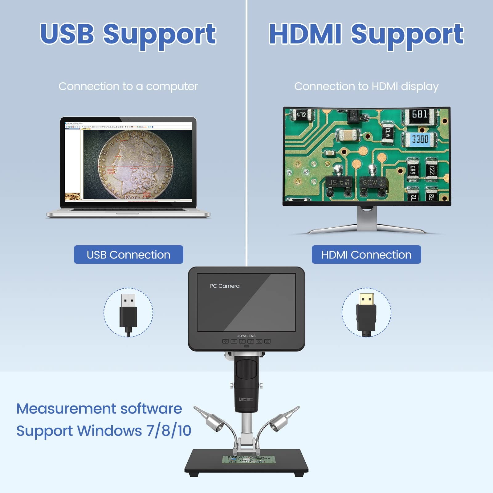 Digital Microscope 3 Lens 7” LCD 2000X UHD 2160P – 24MP Coin Magnifier