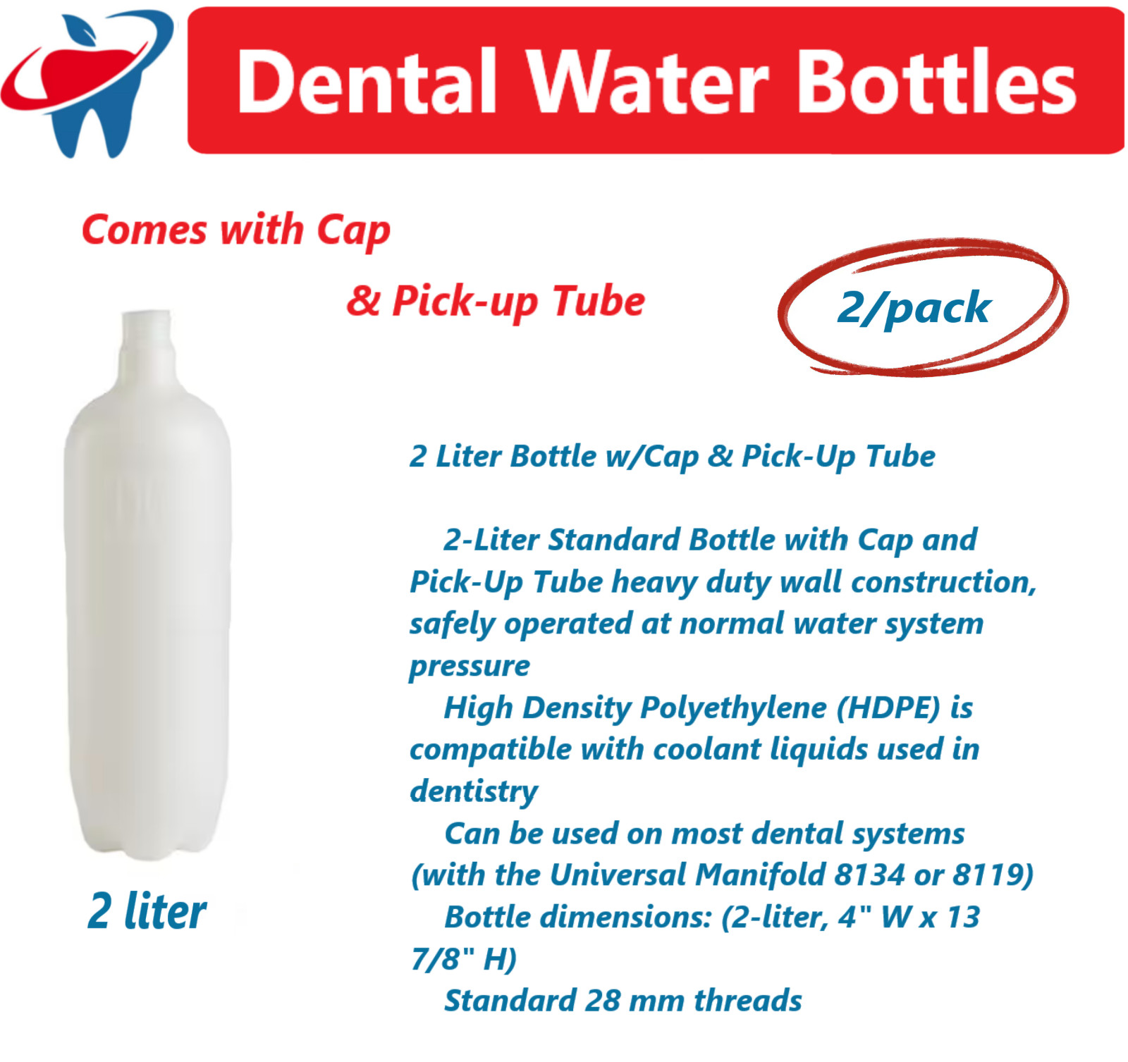 DCI Bottle With Cap & Pick-Up Tube For Dental Water System Unit 2 Liter, 2/Pack